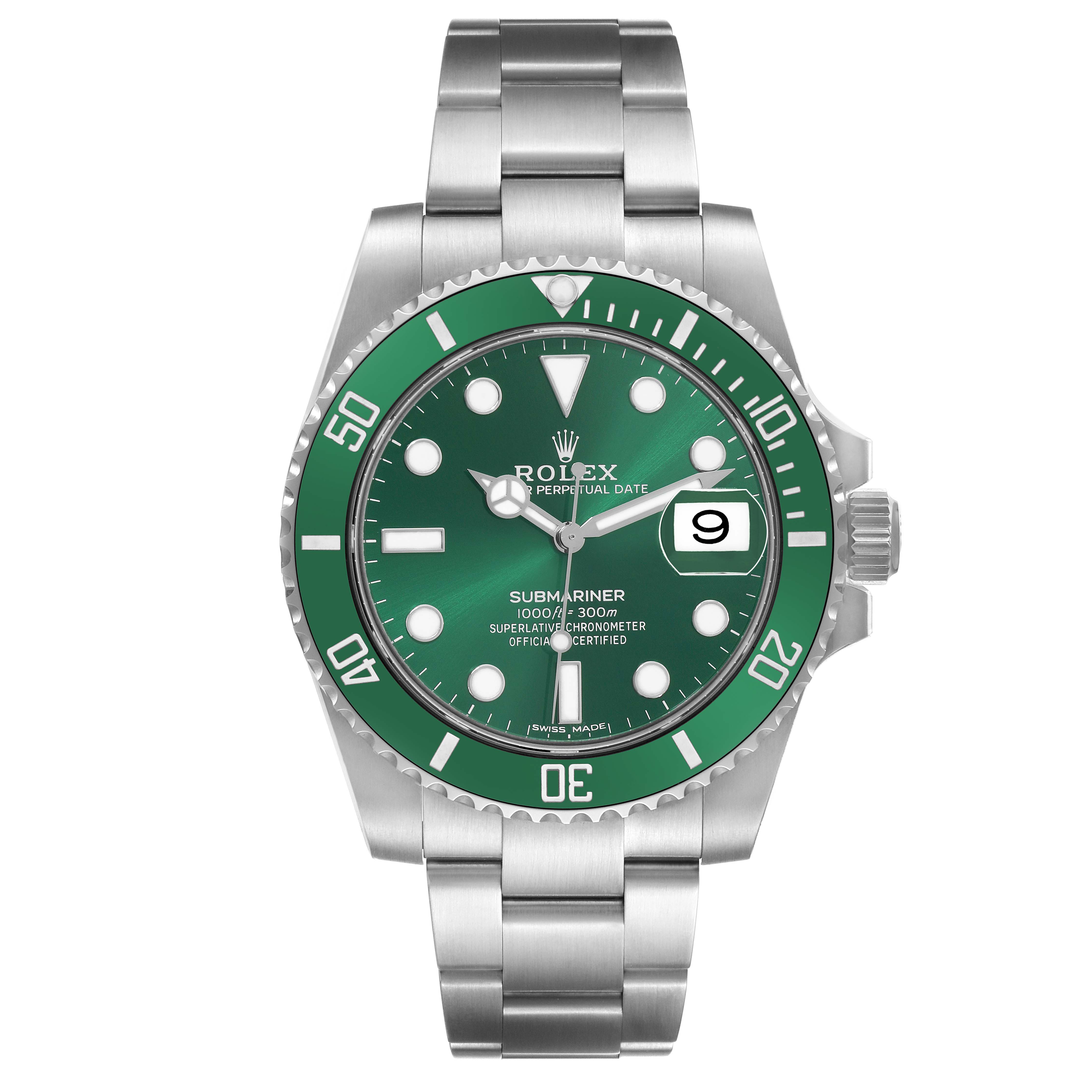 The Rolex Submariner 116610 Men
s Stainless Steel Green Dial watch is shown from a front angle, highlighting the green dial, bezel, metal bracelet, and date window.