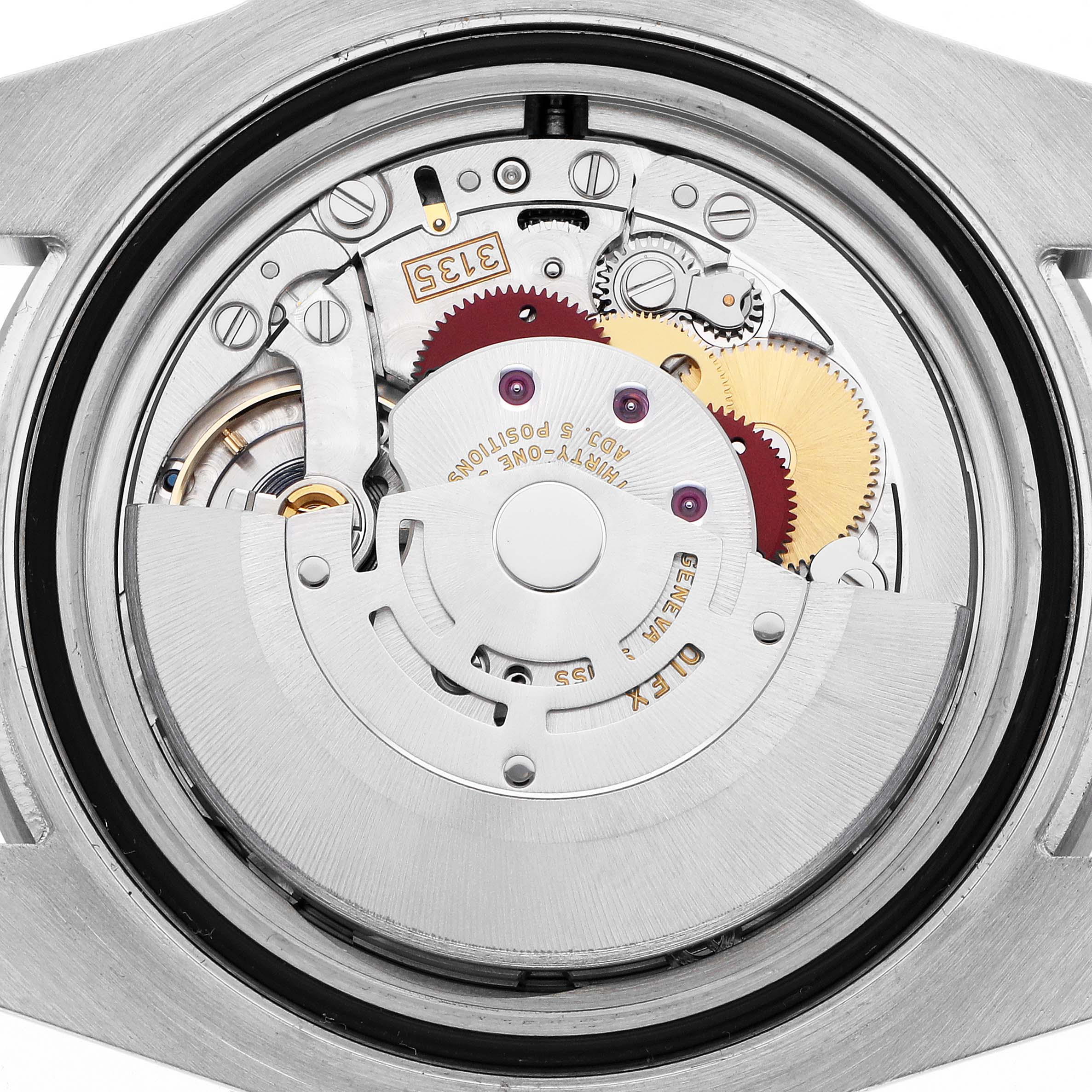 The image shows the movement and internal mechanisms of a Rolex Submariner 116610 Men
s Stainless Steel Green Dial, viewed from the back.