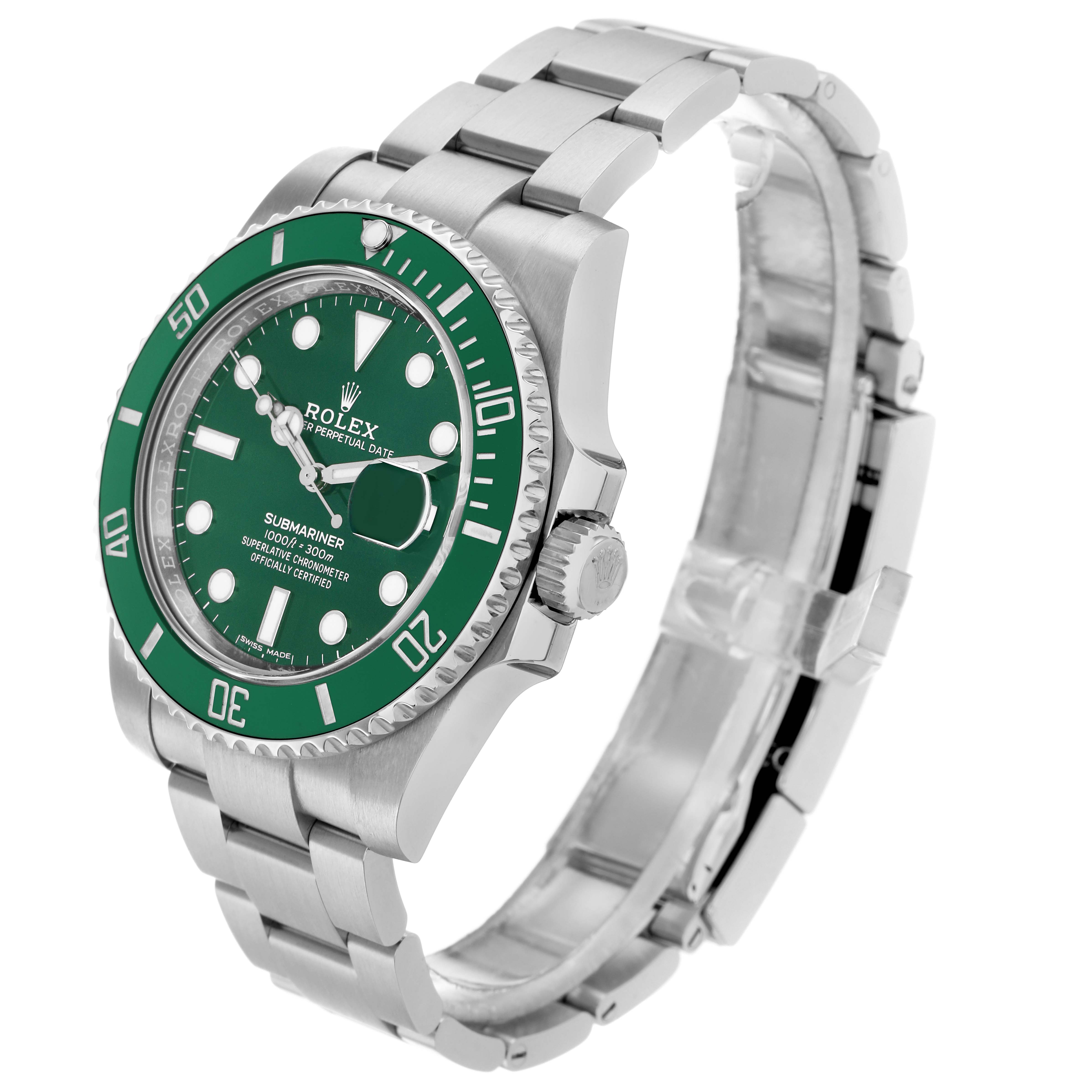 The Rolex Submariner 116610 Men
s Stainless Steel Green Dial watch is shown at a three-quarter angle, displaying the face, bezel, and bracelet.