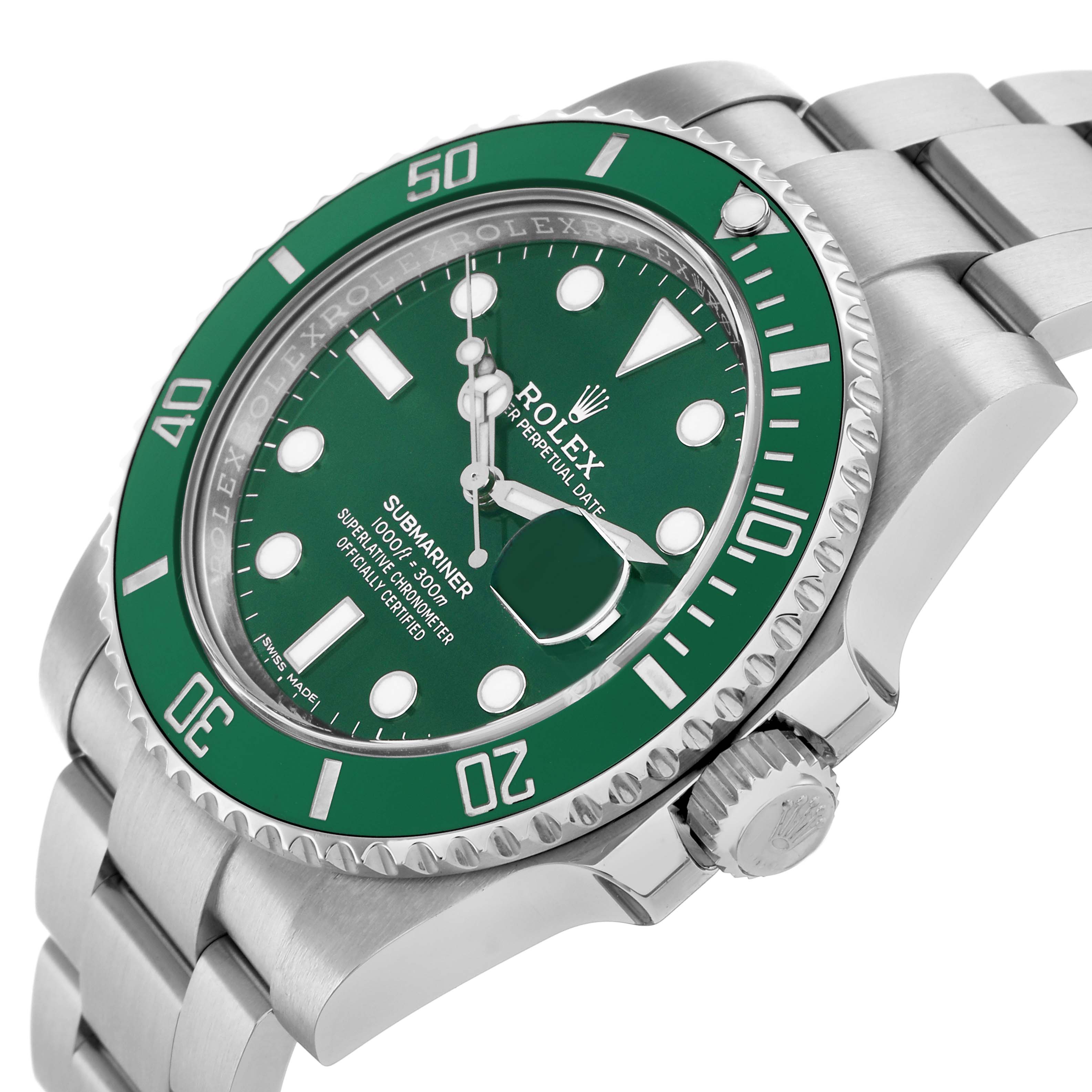The Rolex Submariner 116610 Men
s Stainless Steel Green Dial is shown at a slight angle, highlighting the green bezel, dial, crown, and bracelet links.