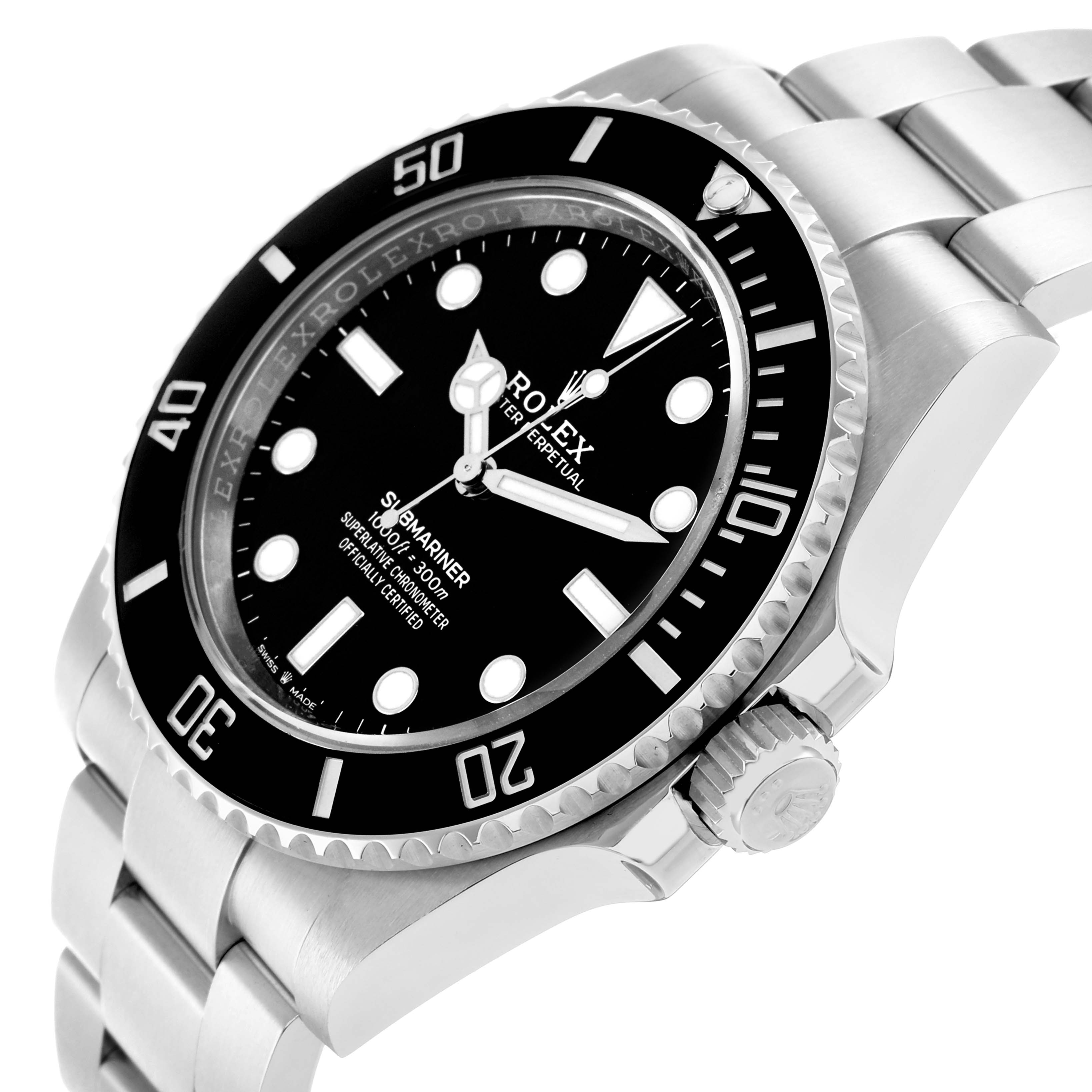 The Rolex Submariner 124060 Men's Stainless Steel Black Dial is shown at an angled side view, highlighting the black bezel, dial, crown, and part of the stainless steel bracelet.