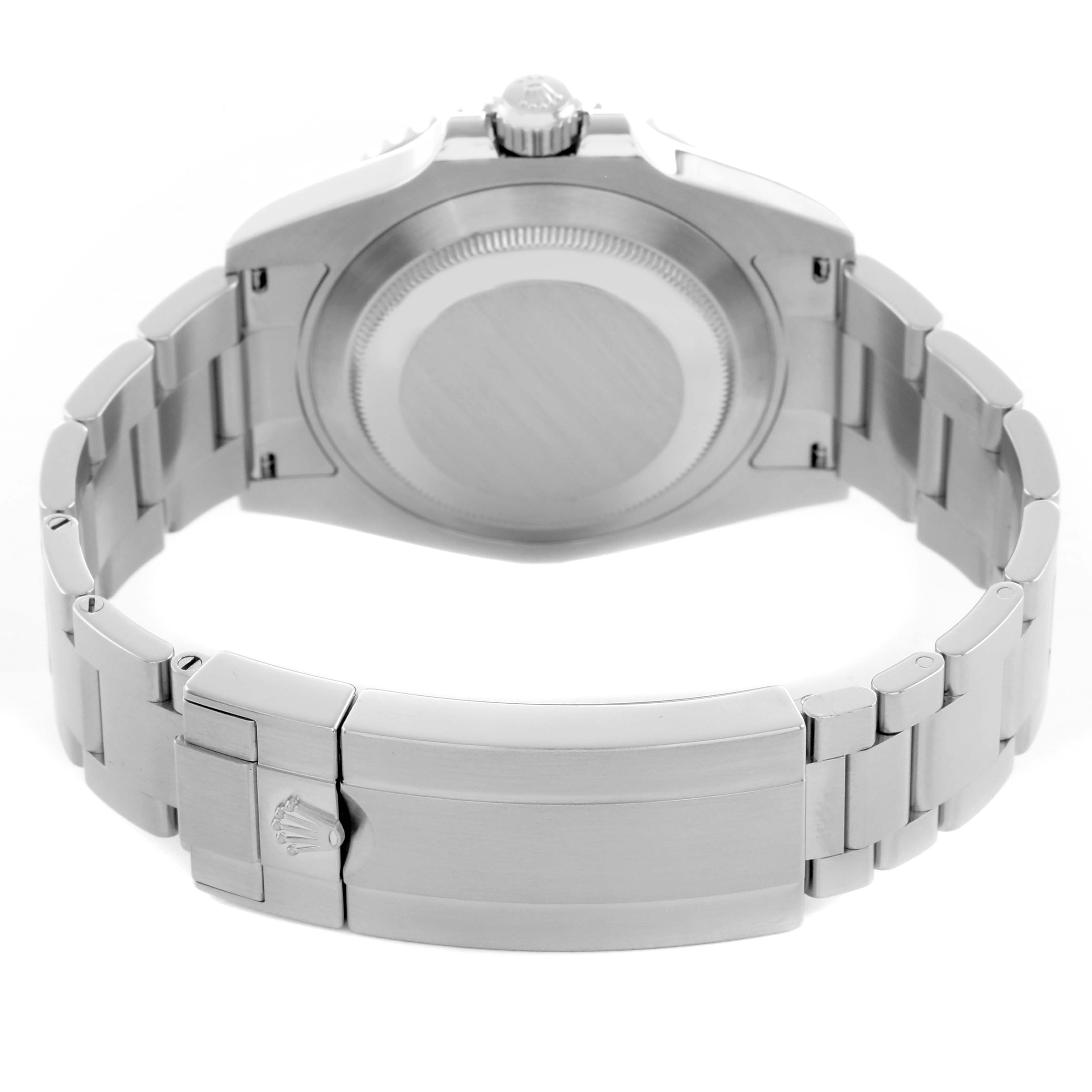 The image shows the back case and bracelet clasp of a Rolex Submariner 124060 Men's Stainless Steel Black Dial, viewed from behind.