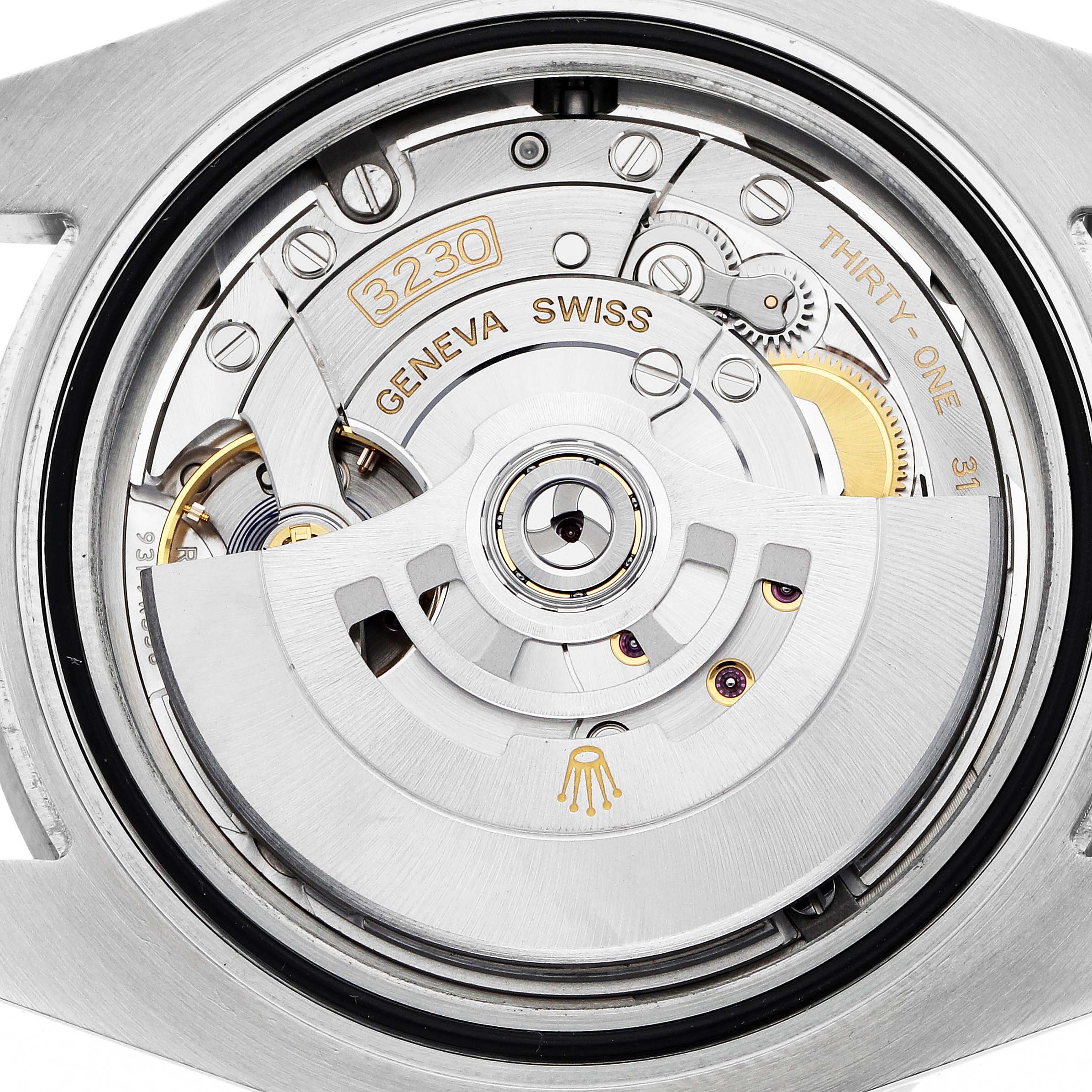 The image shows the movement of the Rolex Submariner 124060 Men's Stainless Steel Black Dial, focusing on the rotor and internal mechanisms.