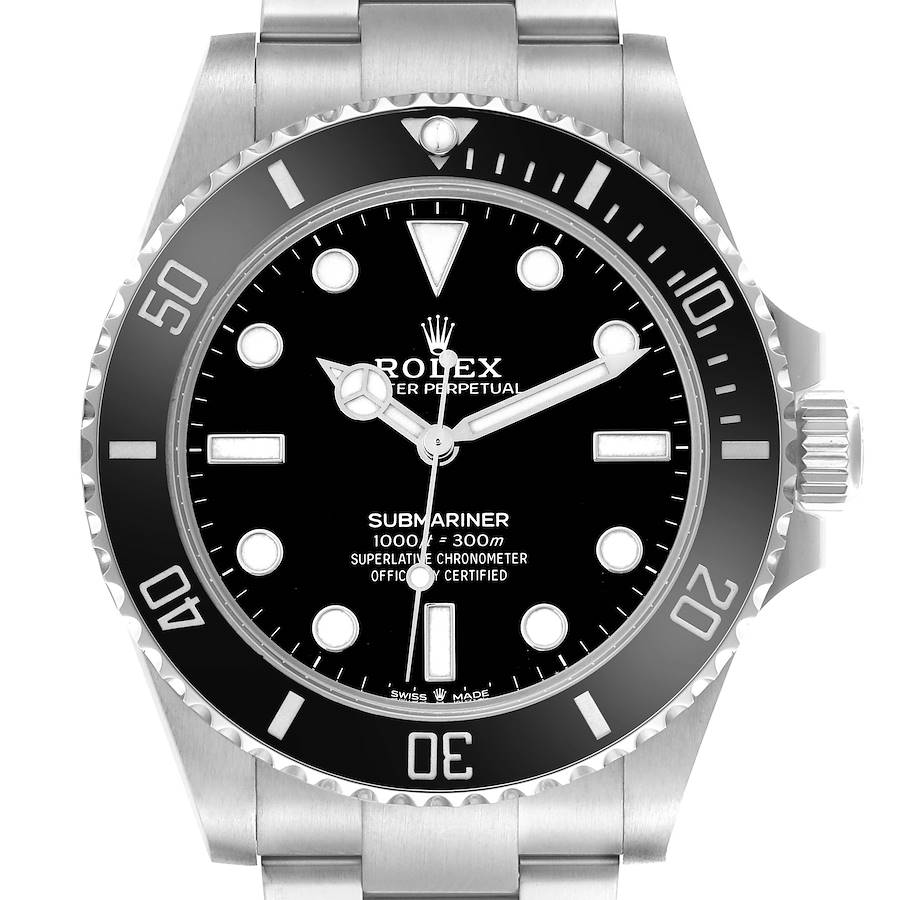 The Rolex Submariner 124060 Men's Stainless Steel Black Dial watch is shown from a front angle, displaying its bezel, dial, hands, and bracelet.
