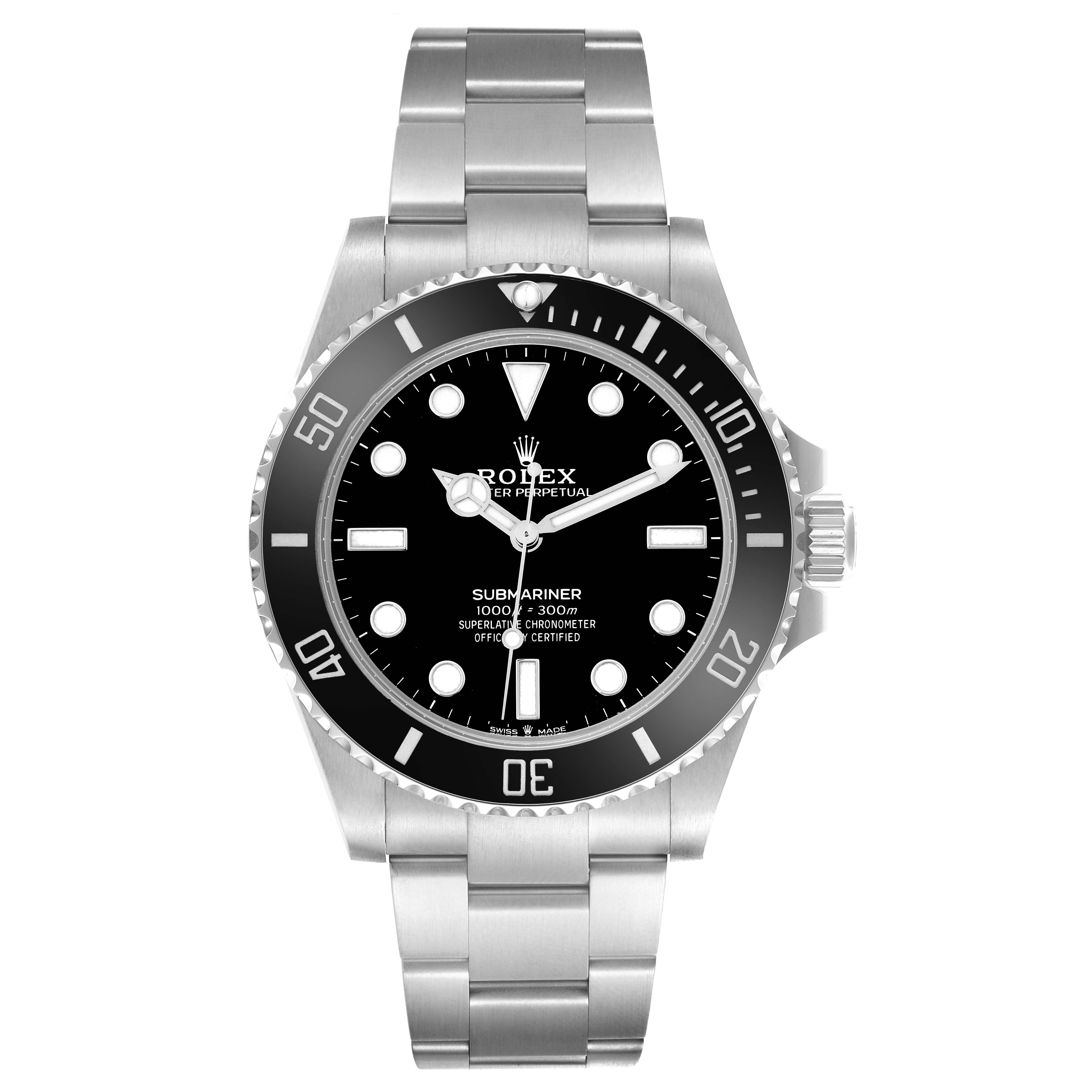The Rolex Submariner 124060 Men's Stainless Steel Black Dial watch is shown from a front angle, displaying the dial, bezel, bracelet, and crown.