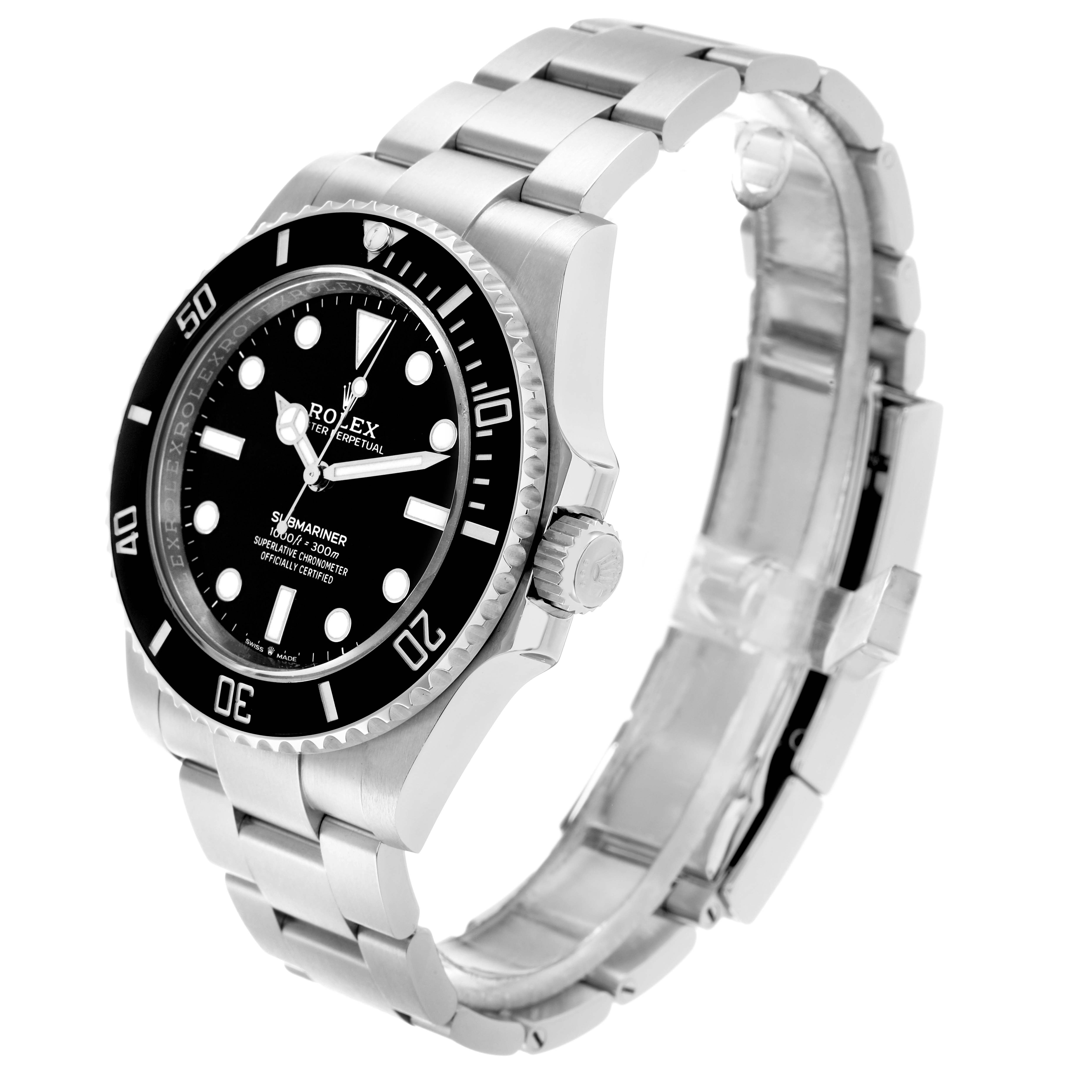 The Rolex Submariner 124060 Men's Stainless Steel Black Dial watch is pictured at a three-quarter angle, showing the face, bezel, crown, and part of the bracelet.