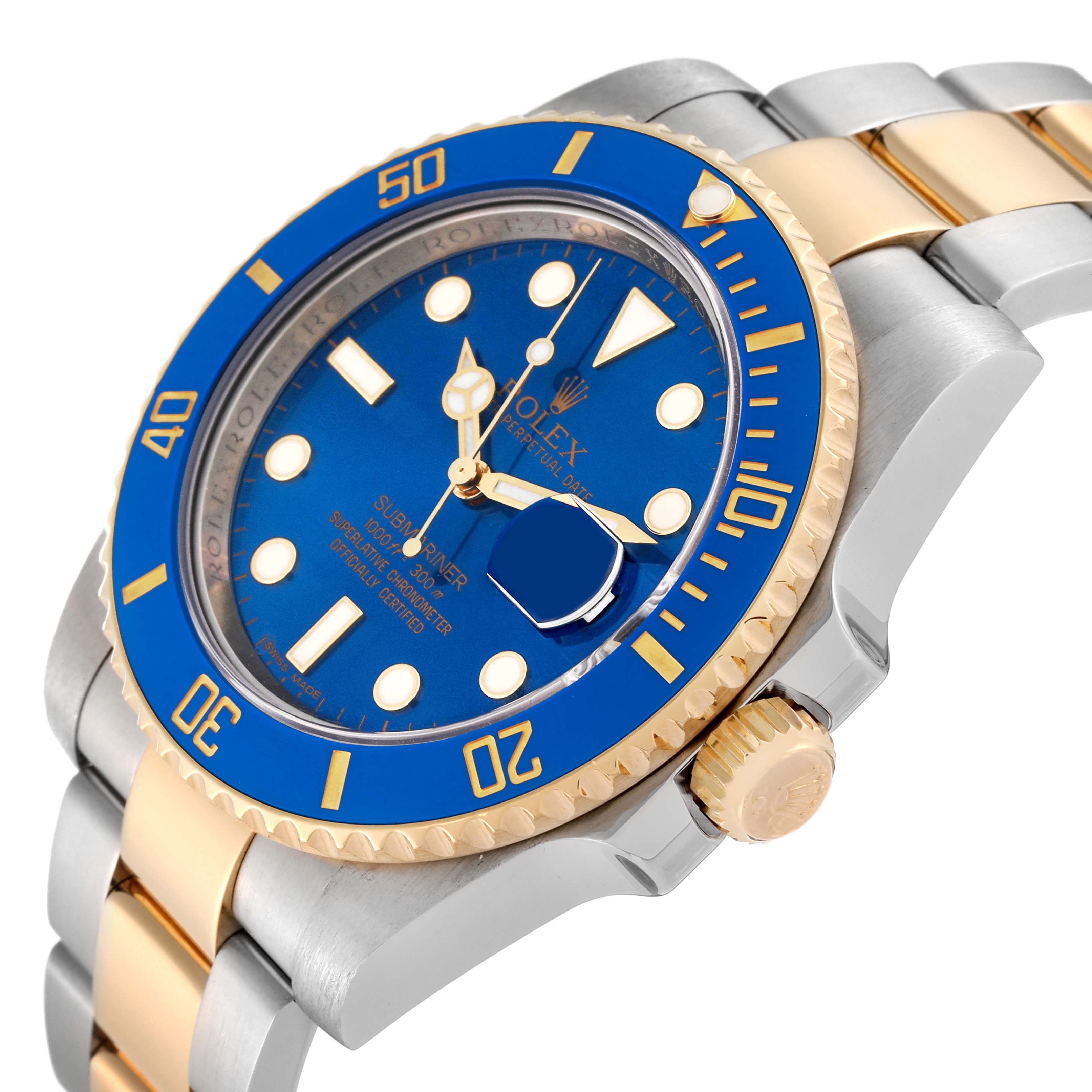 The image shows a close-up of a Rolex Submariner 116613 Men's Steel and Gold (two tone) Blue Dial 116613 Men's Steel and Gold (two tone) Blue Dial watch, highlighting the blue dial, bezel, and two-tone bracelet.