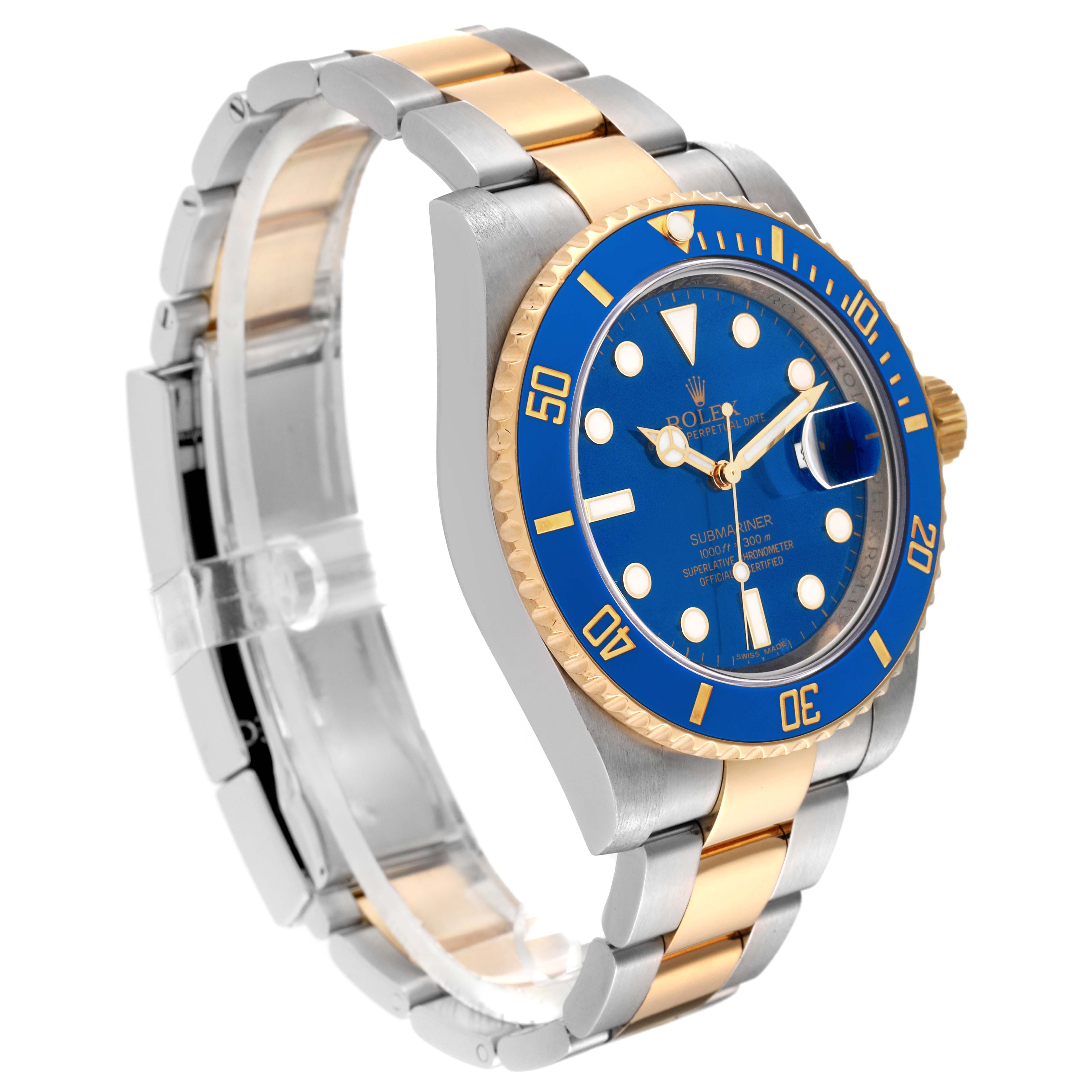 The image shows a Rolex Submariner 116613 Men's Steel and Gold (two tone) Blue Dial 116613 Men's Steel and Gold (two tone) Blue Dial watch at a side angle, featuring a blue dial, blue bezel, and a two-tone bracelet.