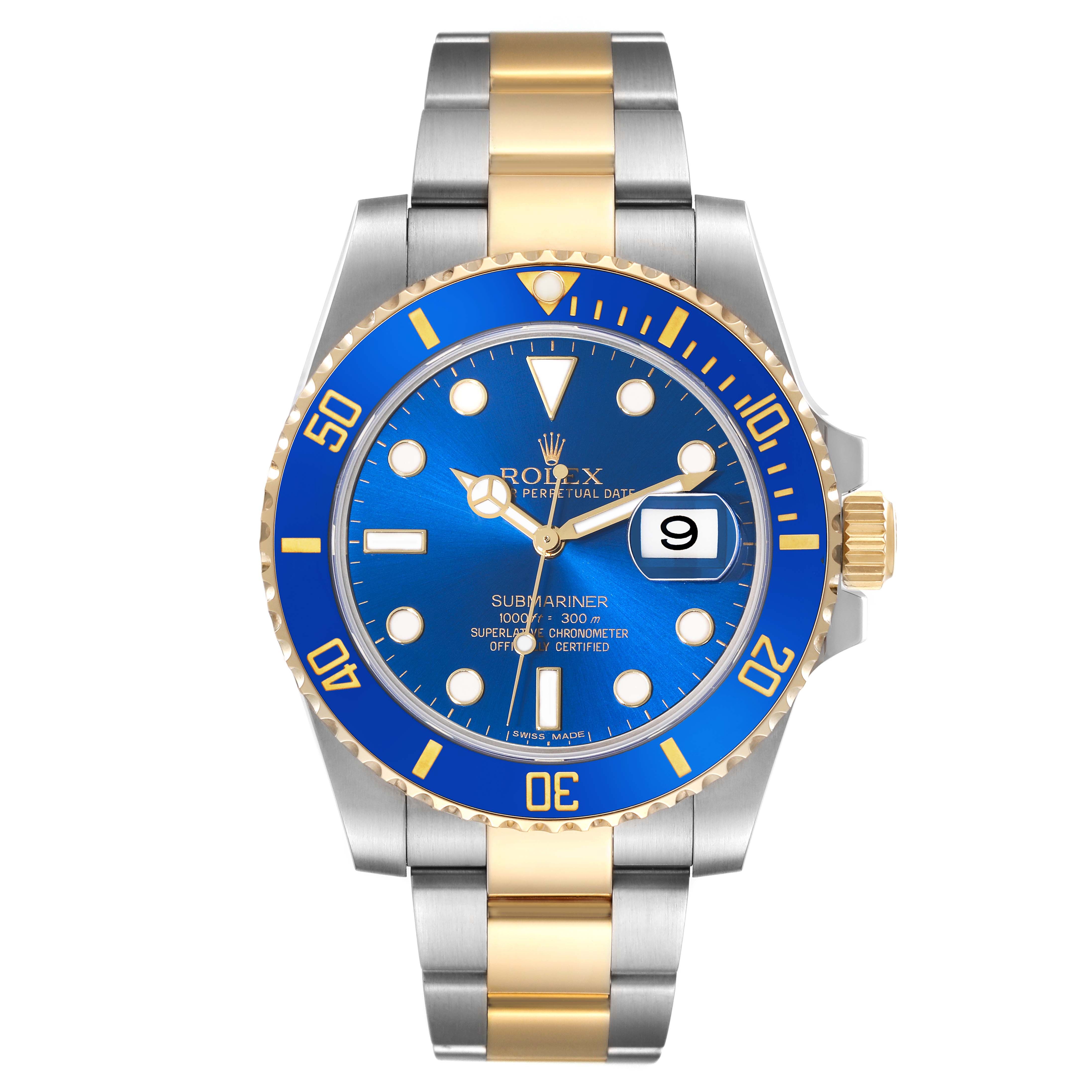The image shows a front view of the Rolex Submariner 116613 Men's Steel and Gold (two tone) Blue Dial 116613 Men's Steel and Gold (two tone) Blue Dial watch, highlighting its blue dial, date display, and two-tone metal bracelet.