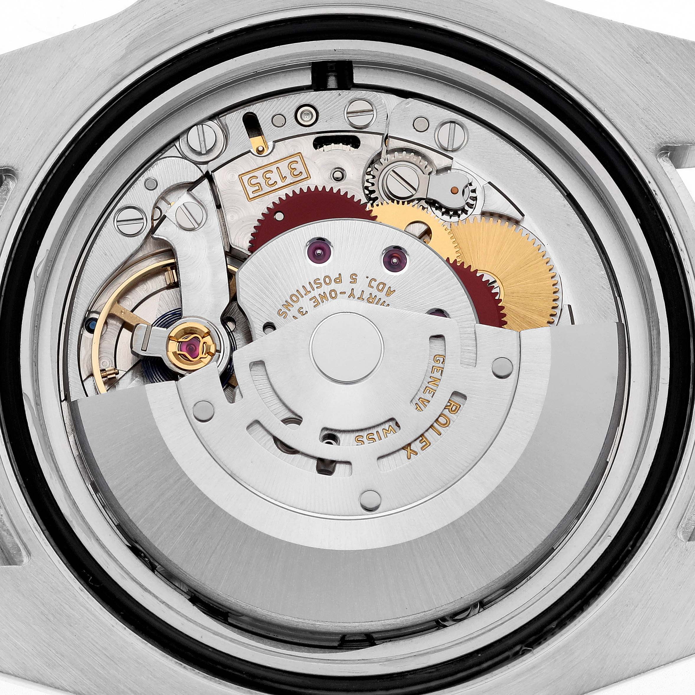 The image shows the internal mechanical movement of a Rolex Submariner 116613 Men's Steel and Gold (two tone) Blue Dial 116613 Men's Steel and Gold (two tone) Blue Dial watch from a back view angle.