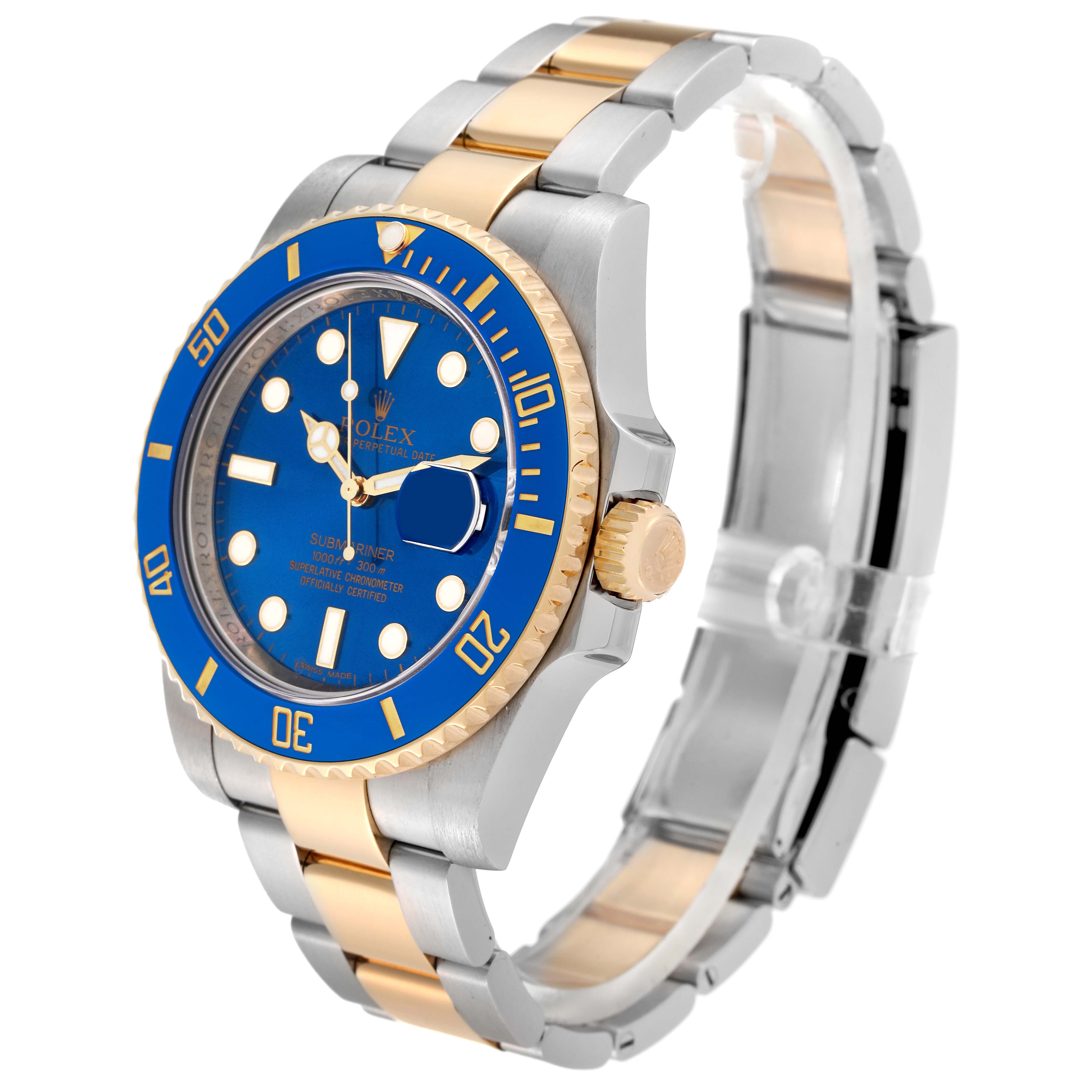 The image shows a Rolex Submariner 116613 Men's Steel and Gold (two tone) Blue Dial 116613 Men's Steel and Gold (two tone) Blue Dial watch at a slight angle, highlighting the blue dial, two-tone bracelet, and bezel.