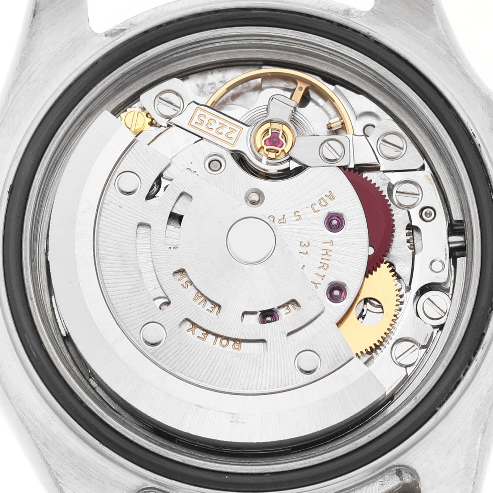 The image shows the internal mechanical movement of a Rolex Yacht-Master 169623 Women's Steel and Gold (two tone) White Dial watch from a rear angle.