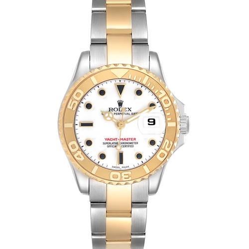The Rolex Yacht-Master 169623 Women's Steel and Gold (two tone) White Dial watch is shown from a front angle, displaying the dial, bezel, and part of the bracelet.