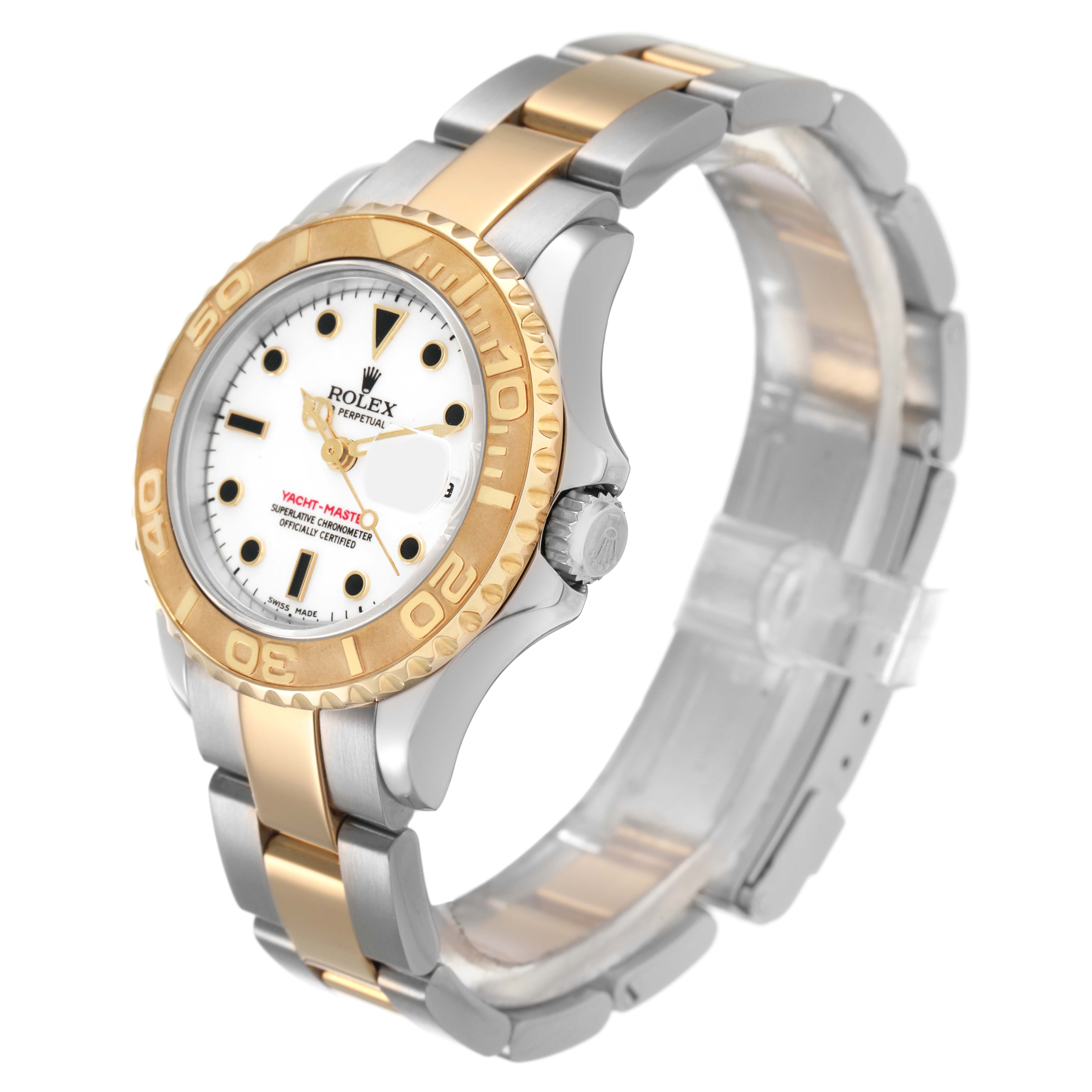 The Rolex Yacht-Master 169623 Women's Steel and Gold (two tone) White Dial watch is shown at a three-quarter angle, highlighting its bezel, dial, and bracelet.