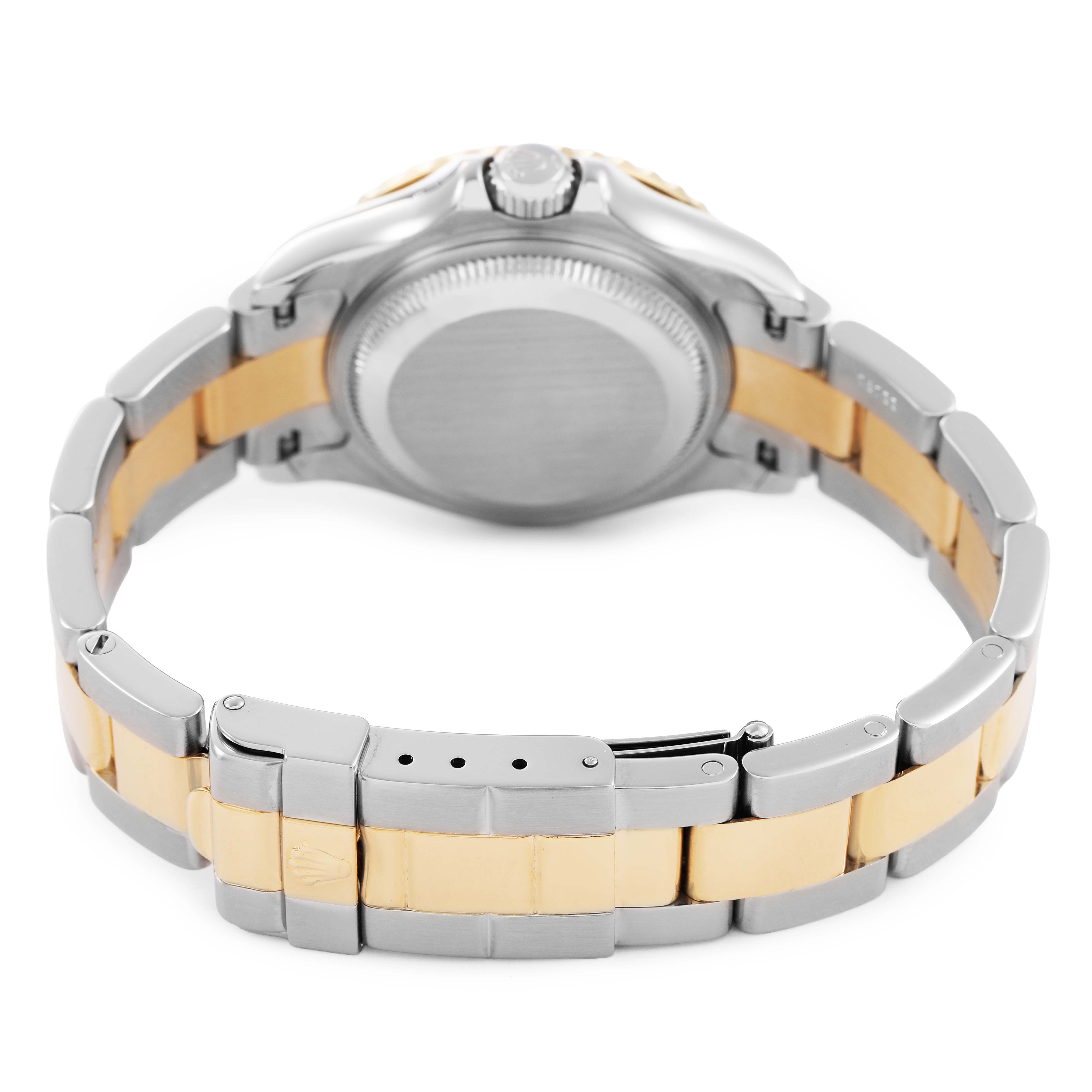 The image shows the back of a Rolex Yacht-Master 169623 Women's Steel and Gold (two tone) White Dial watch, highlighting the stainless steel and gold bracelet and clasp.