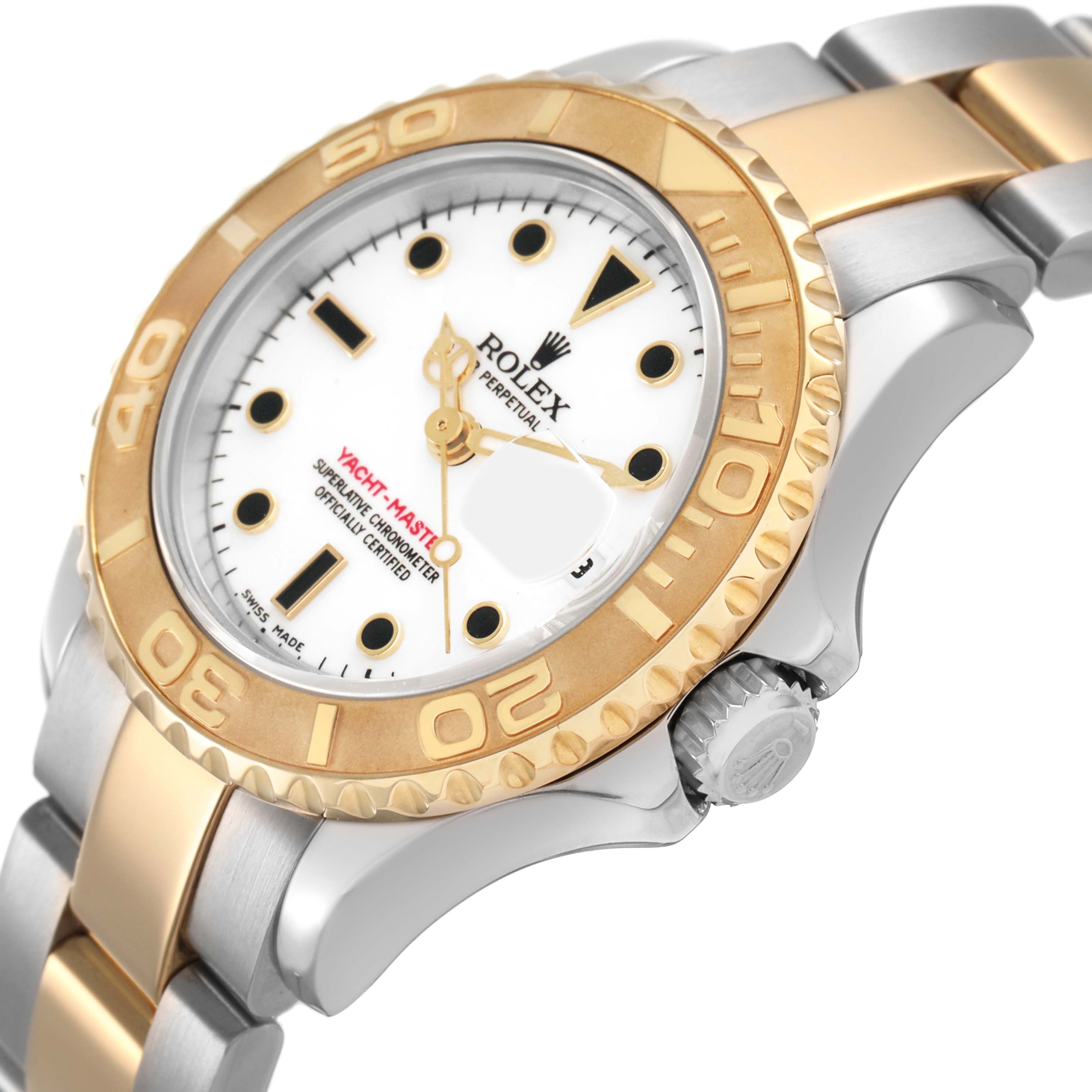 The image shows the Rolex Yacht-Master 169623 Women's Steel and Gold (two tone) White Dial watch at a slight angle, highlighting the gold bezel, crown, and two-tone bracelet.