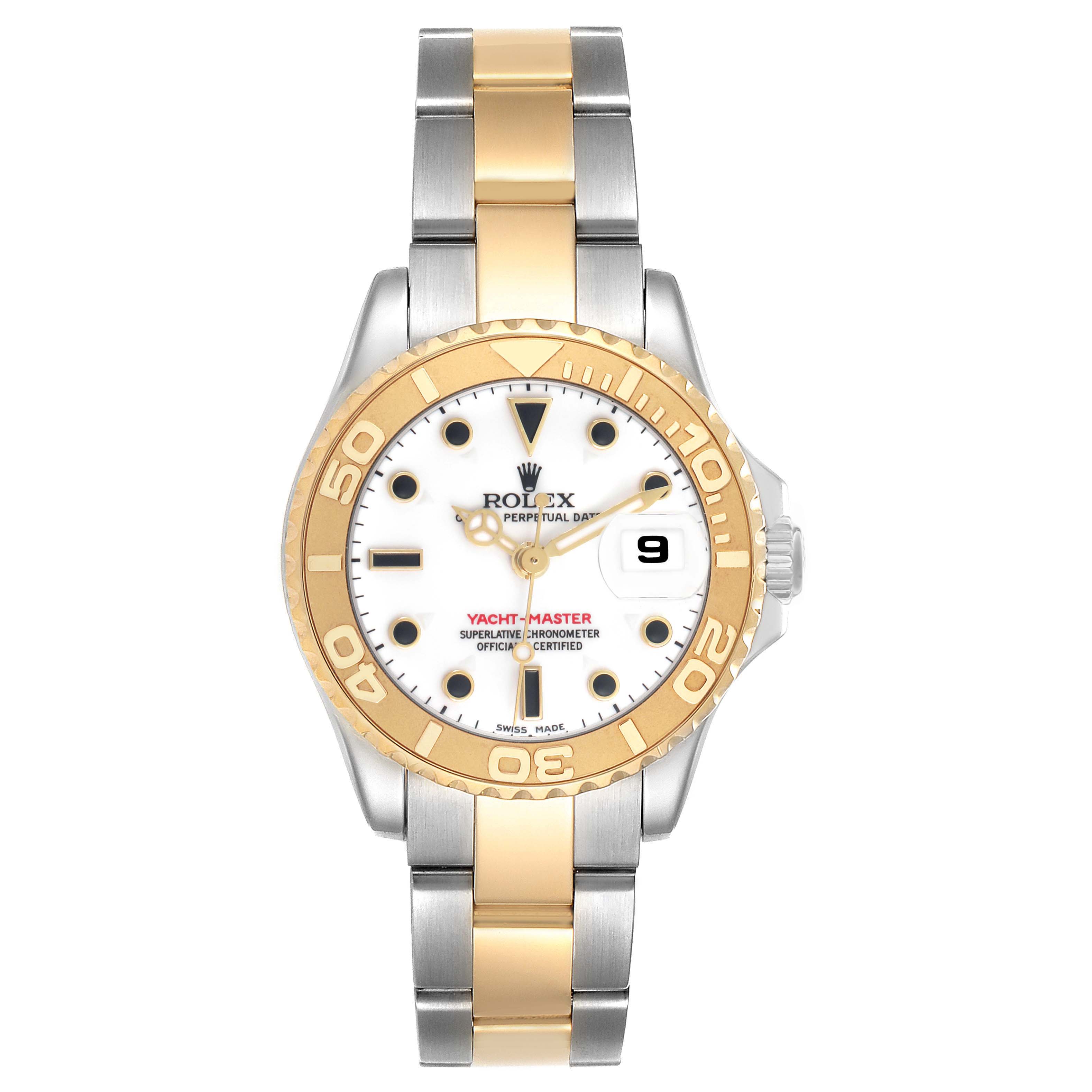 The Rolex Yacht-Master 169623 Women's Steel and Gold (two tone) White Dial watch is shown from a top-down angle, highlighting the bezel, dial, hands, and bracelet.