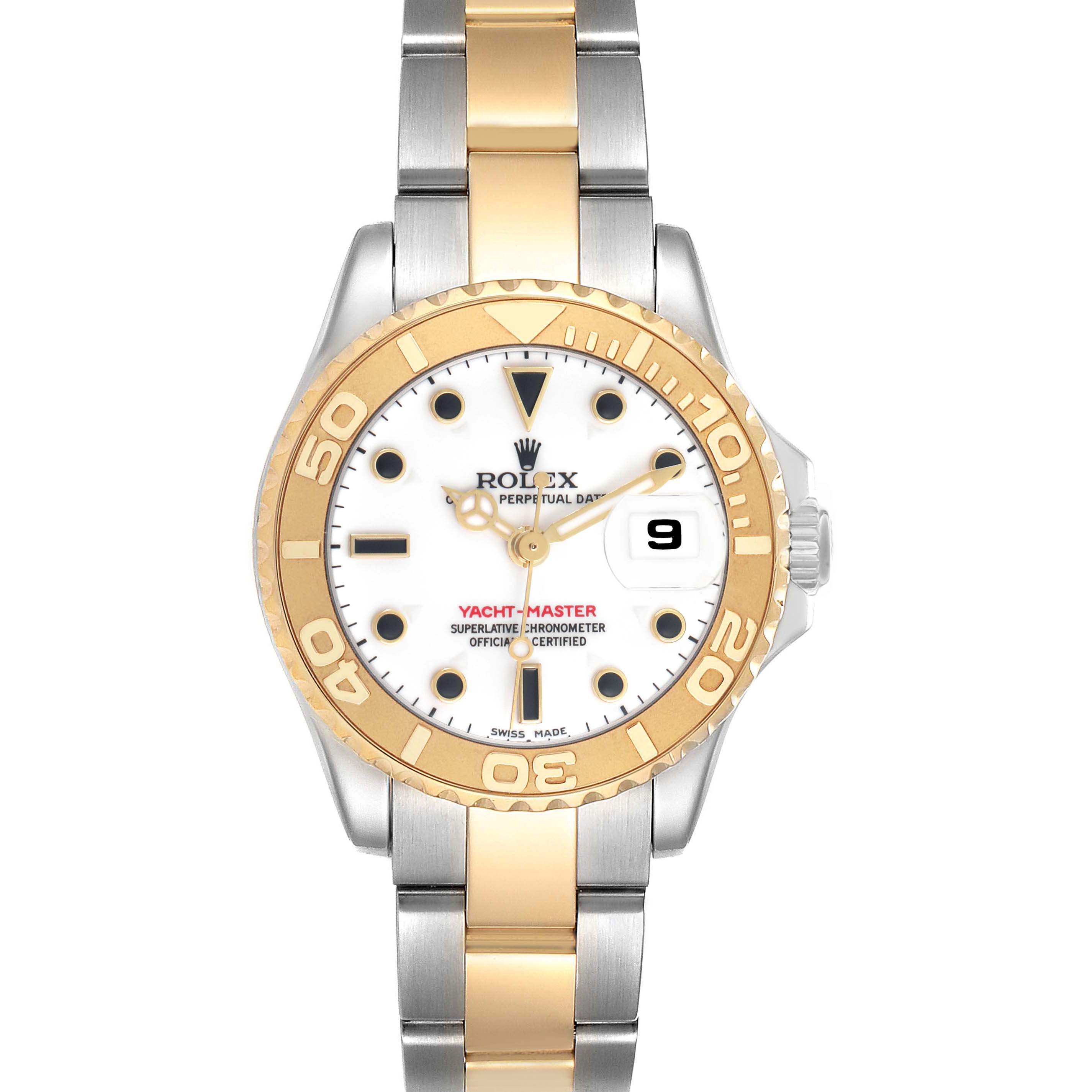 The Rolex Yacht-Master 169623 Women's Steel and Gold (two tone) White Dial watch is shown from the front, featuring the dial, bezel, and part of the bracelet.