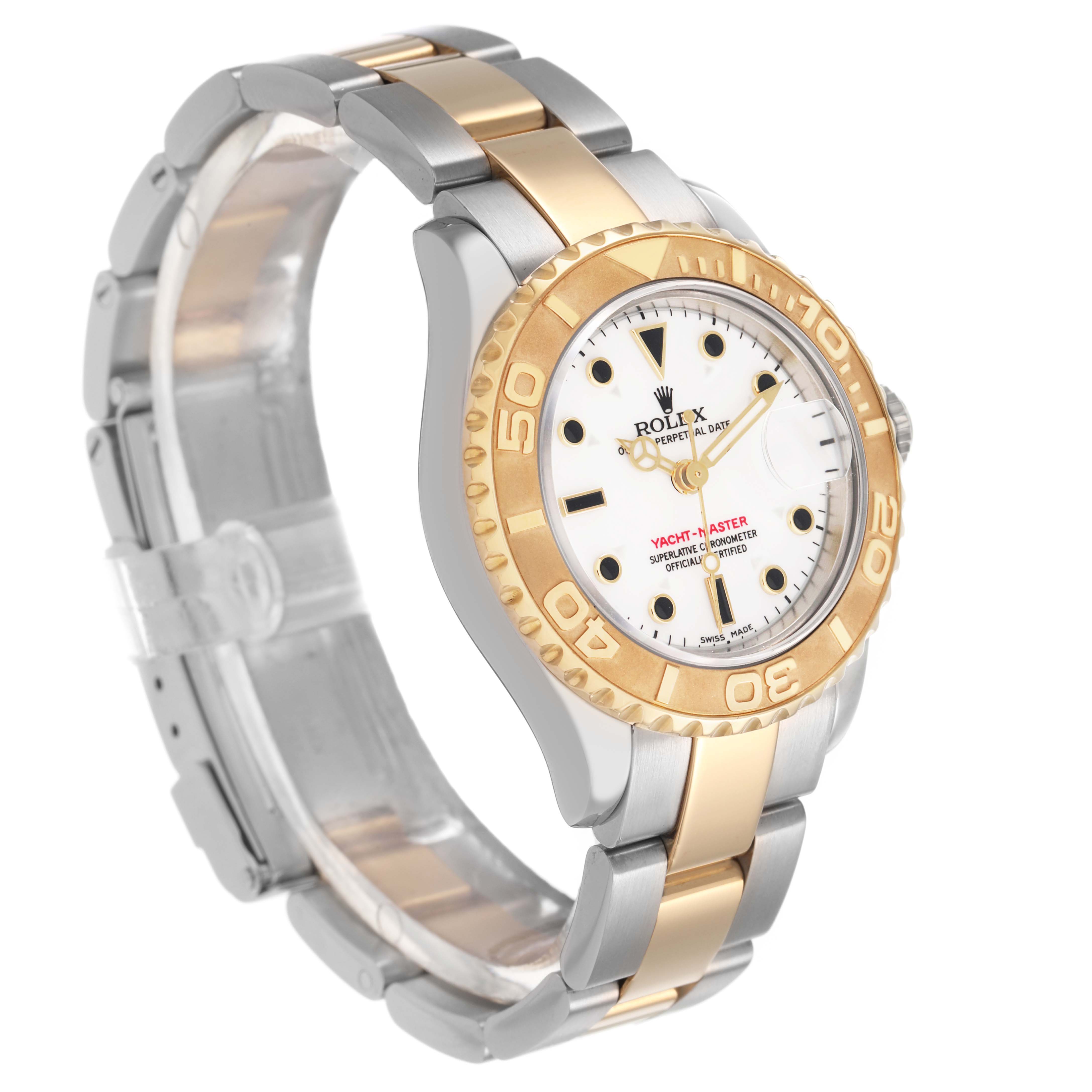 The Rolex Yacht-Master 169623 Women's Steel and Gold (two tone) White Dial watch is shown at a three-quarter angle displaying its two-tone bracelet and bezel.