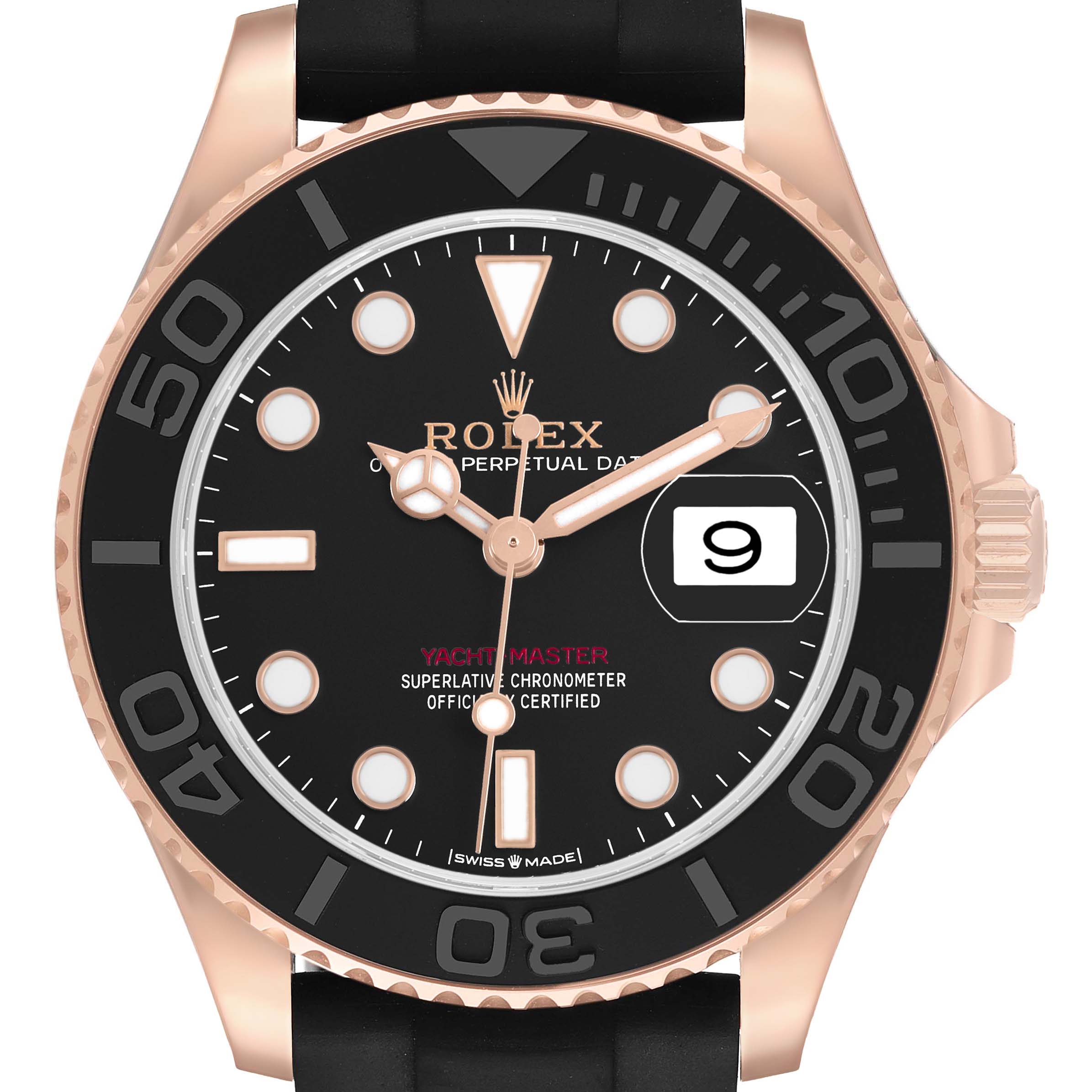 The image shows a front view of the Rolex Yacht-Master 268655 Men's Rose Gold Black Dial, featuring the bezel, dial, hands, and date indicator prominently.