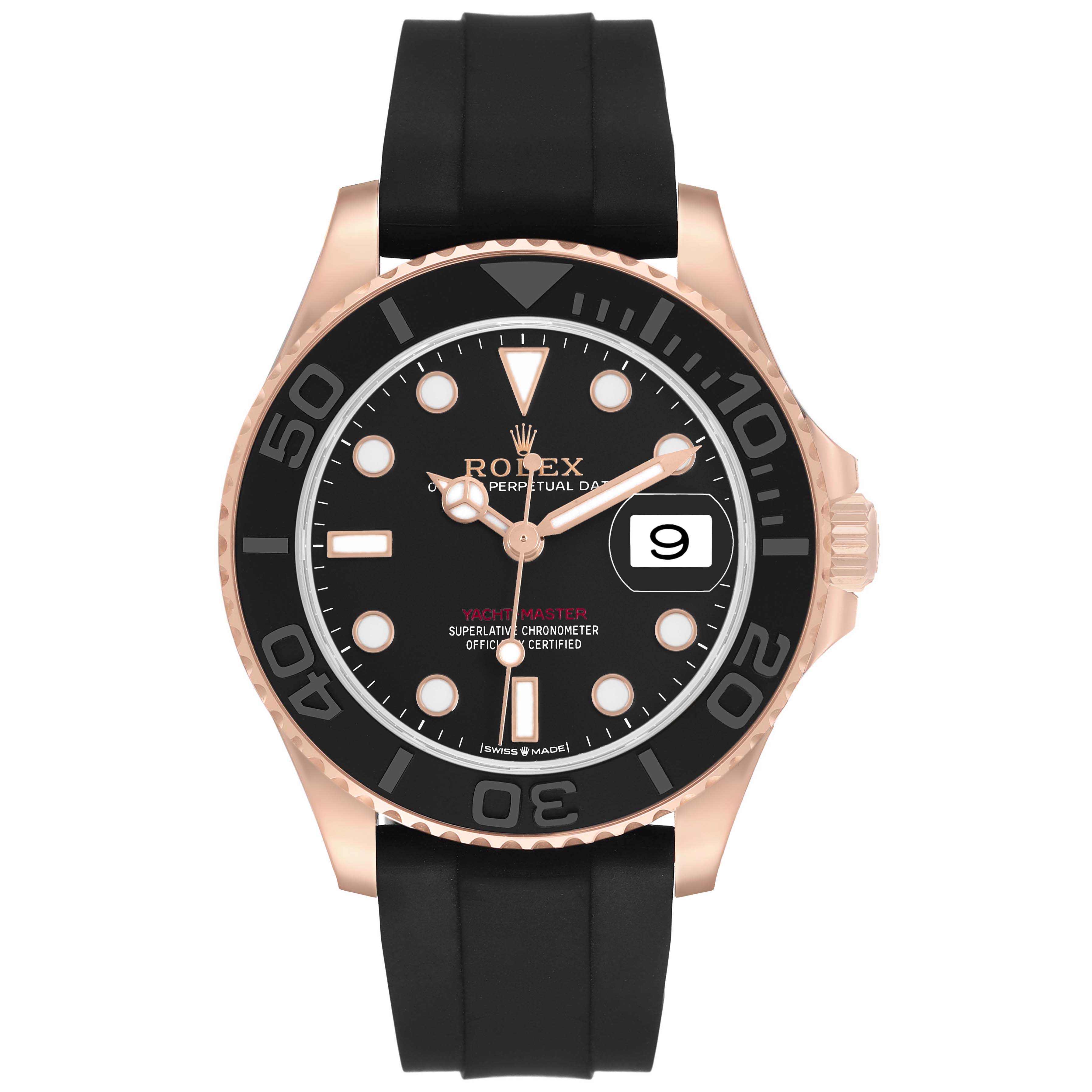 The Rolex Yacht-Master 268655 Men's Rose Gold Black Dial watch is shown from the front, displaying its black dial, rose gold case, and black bezel with a rubber strap.