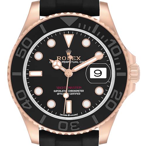 This image shows a frontal view of the Rolex Yacht-Master 268655 Men's Rose Gold Black Dial watch, highlighting the black dial, rose gold bezel, and date window.