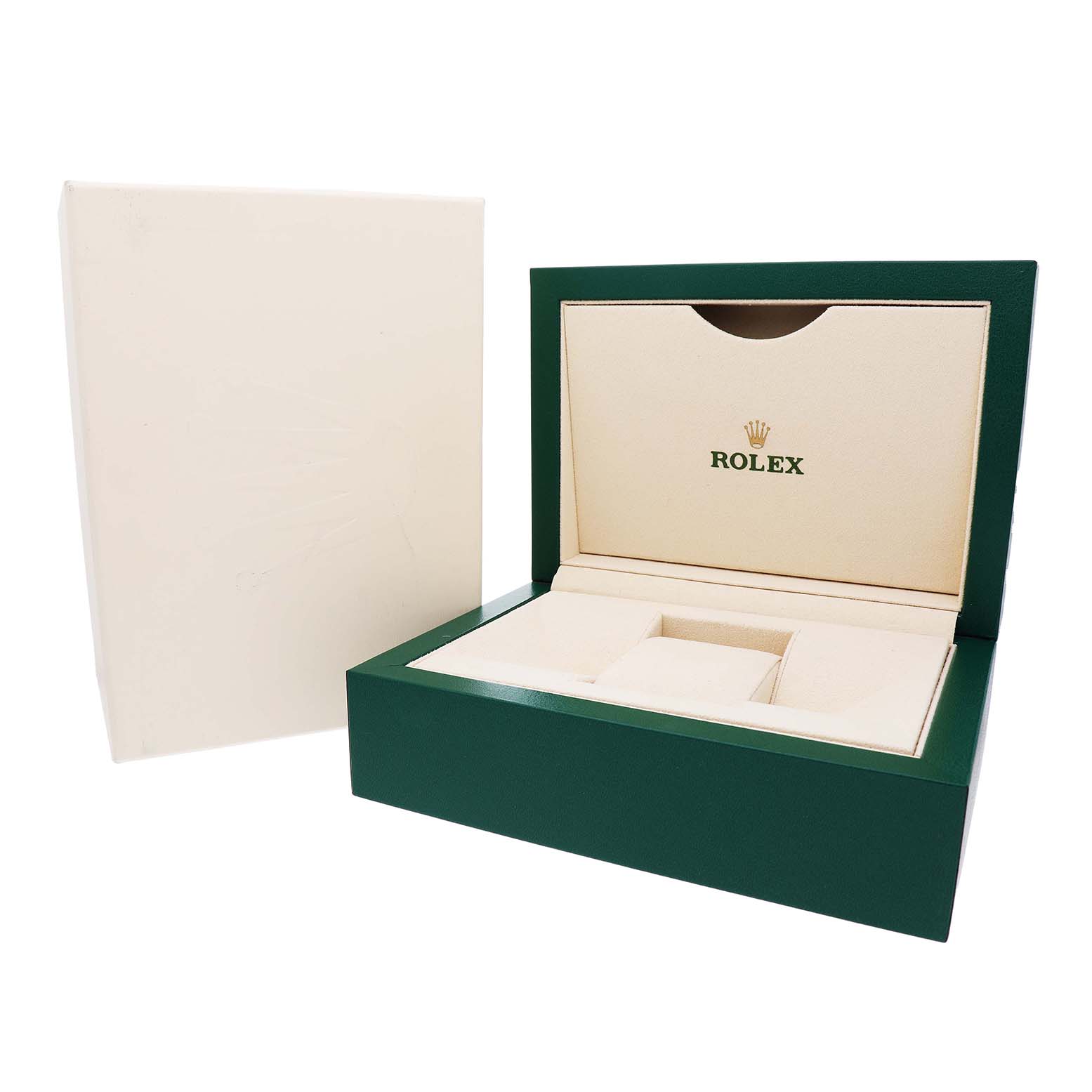 The image shows a Rolex Yacht-Master 268655 Men's Rose Gold Black Dial watch box and outer case, displayed open from a front angle.