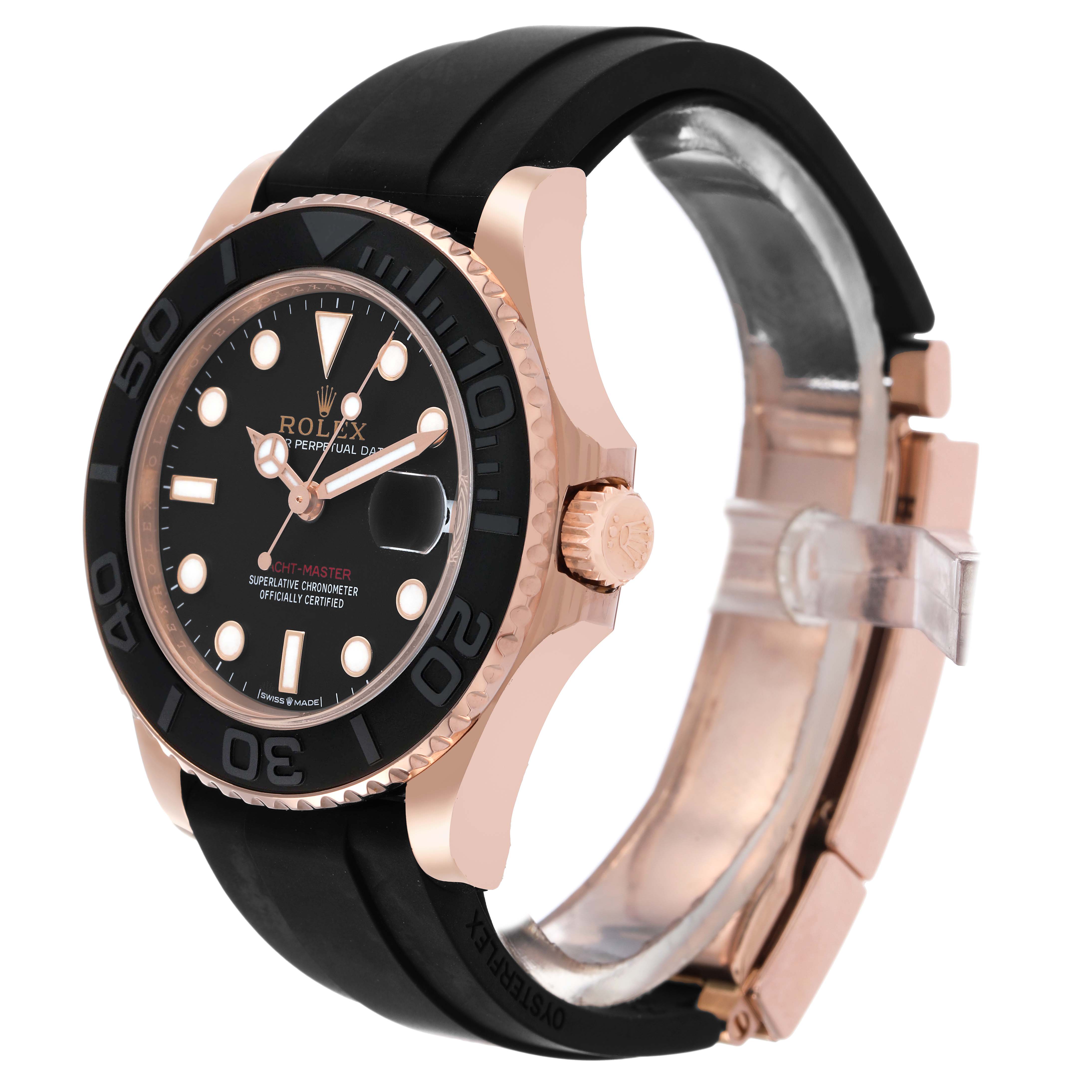 The Rolex Yacht-Master 268655 Men's Rose Gold Black Dial watch is shown at a three-quarter angle, highlighting the bezel, crown, and strap.