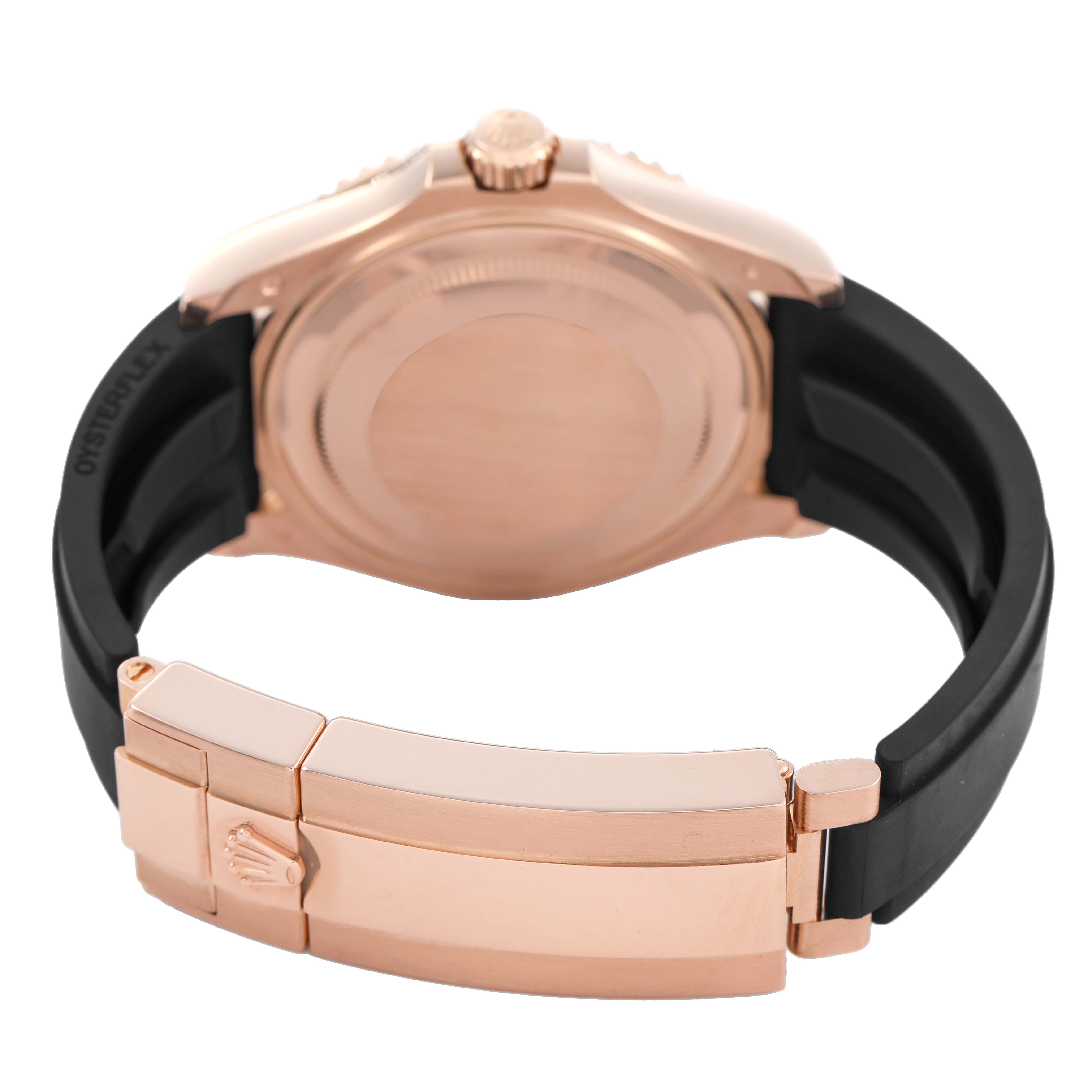 The Rolex Yacht-Master 268655 Men's Rose Gold Black Dial is shown from the side, highlighting its clasp and case back.