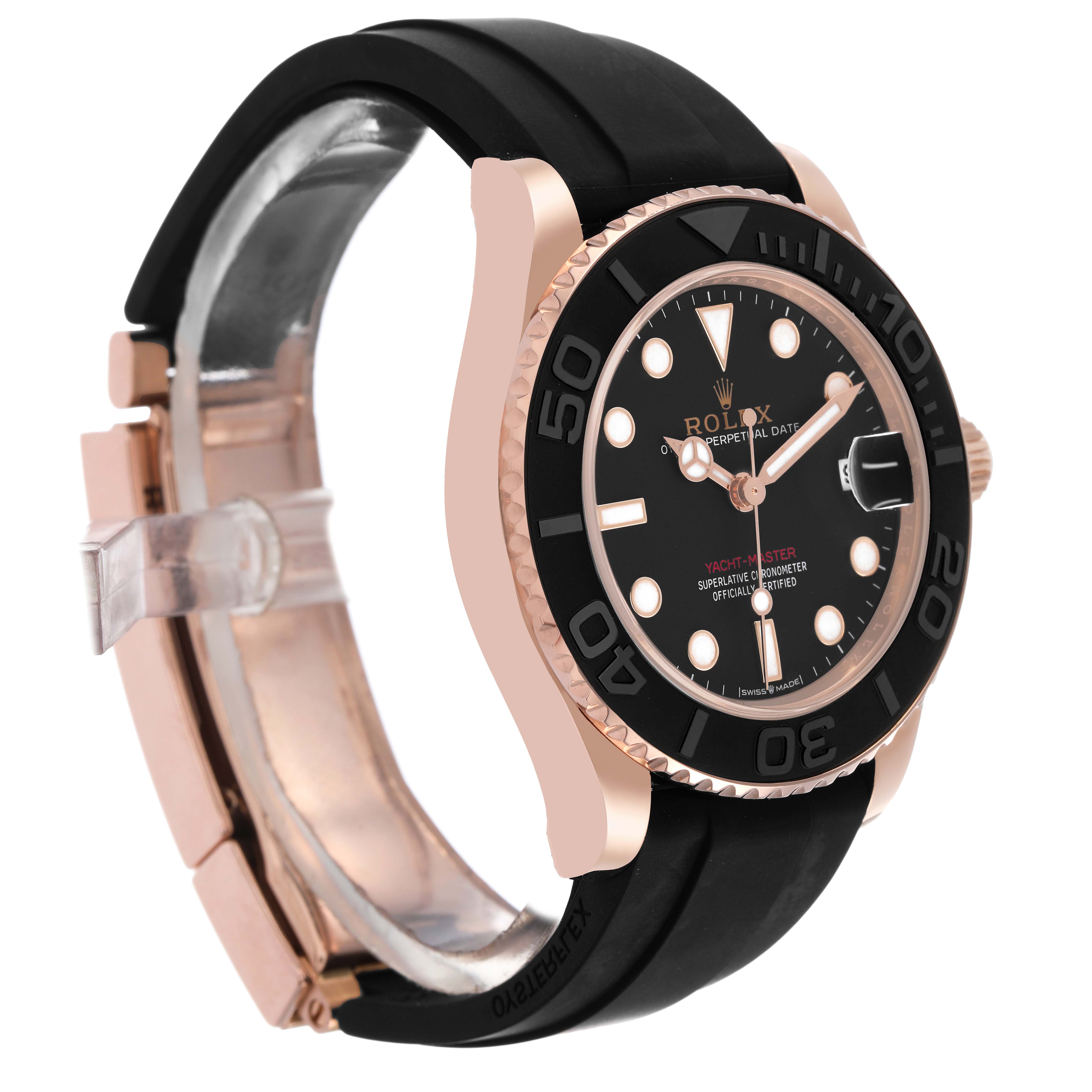 The Rolex Yacht-Master 268655 Men's Rose Gold Black Dial watch is shown from a front-side angle, highlighting the bezel, dial, and part of the strap.