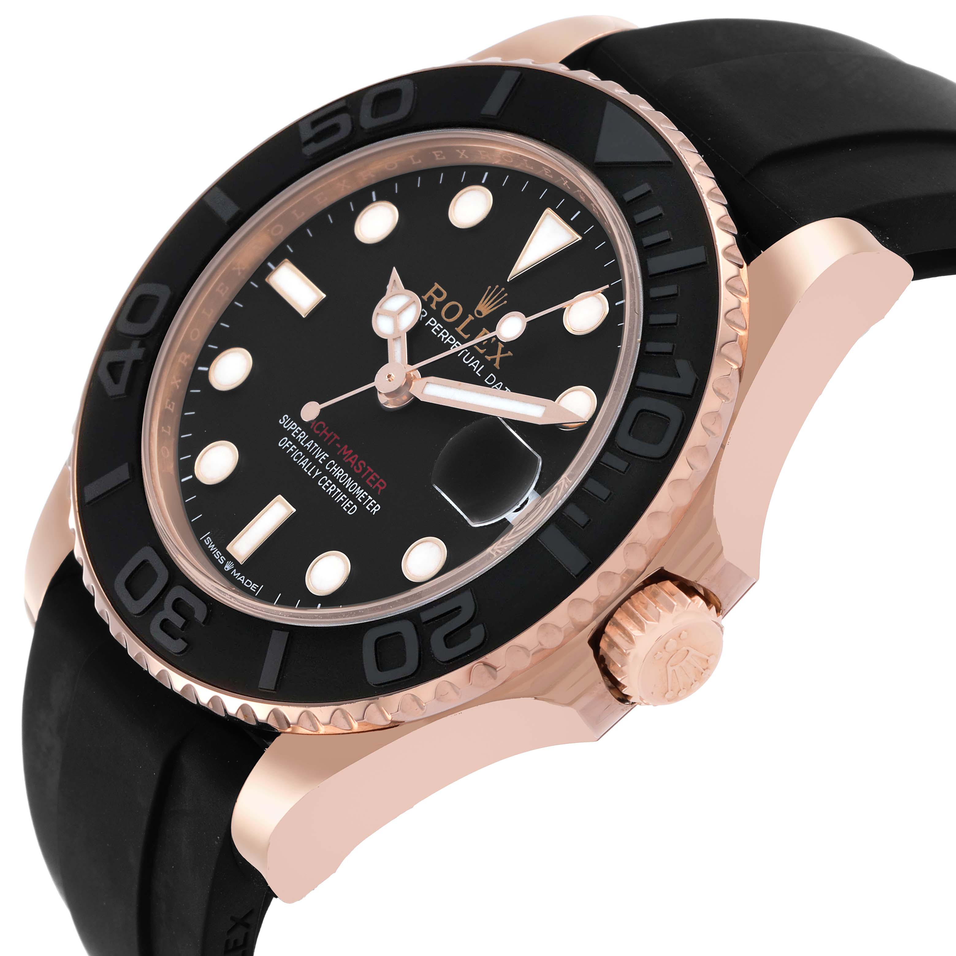 The Rolex Yacht-Master 268655 Men's Rose Gold Black Dial watch is shown at an angled side view, highlighting its bezel, dial, crown, and rubber strap.