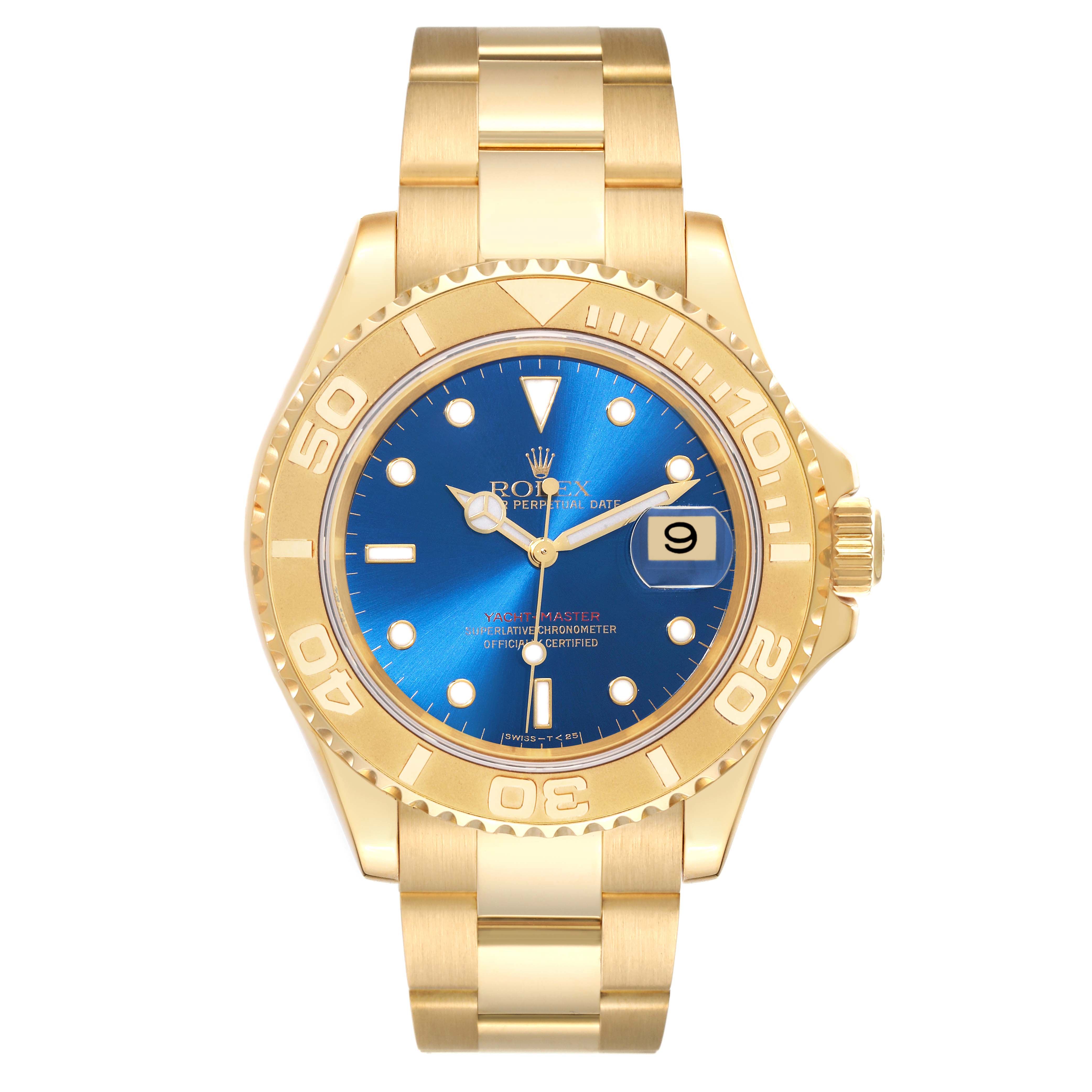The image shows a front view of a Rolex Yacht-Master 16628 Men's Yellow Gold Blue Dial 16628 Men's Yellow Gold Blue Dial watch, displaying its face, bezel, and bracelet.