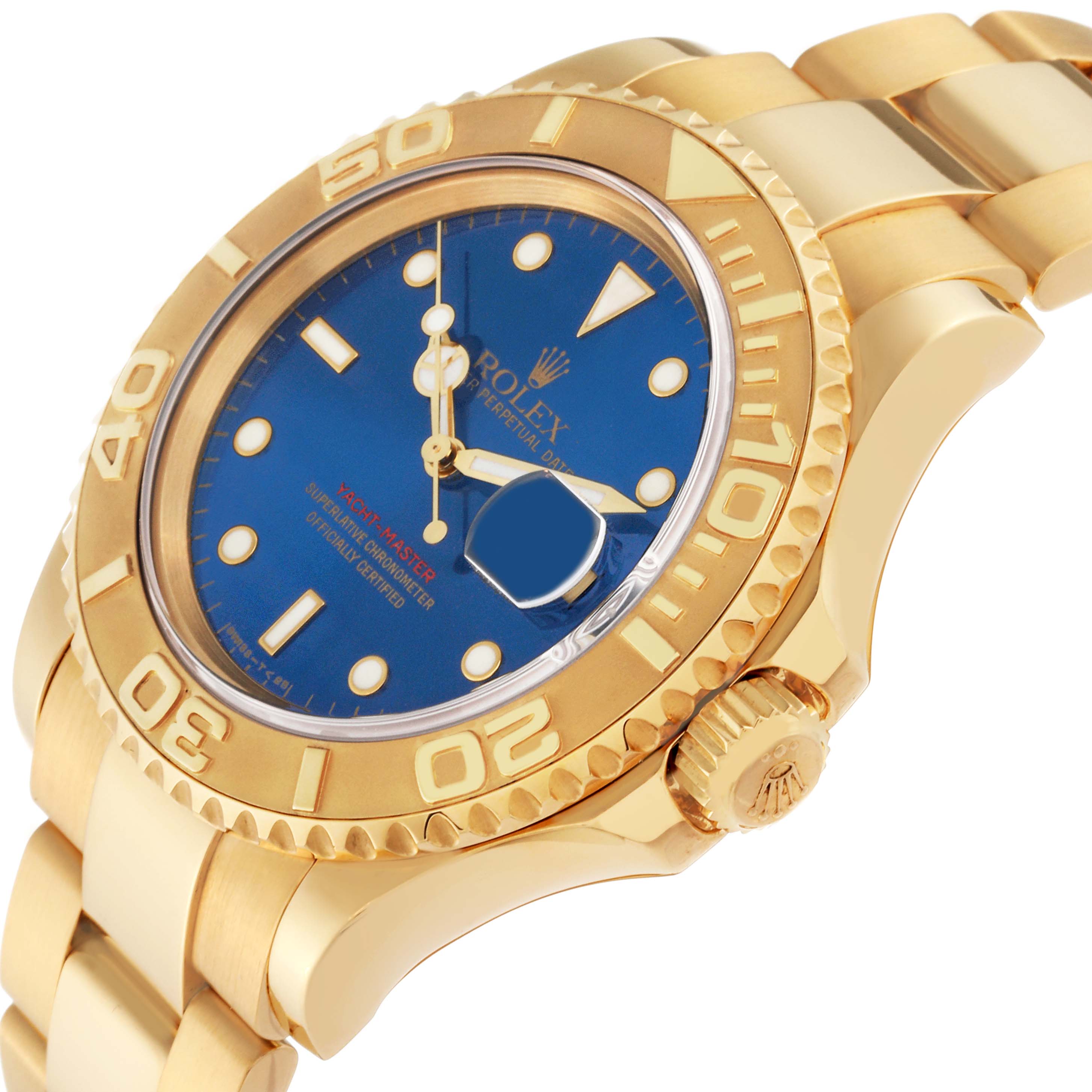 The image shows a close-up, angled view of a Rolex Yacht-Master 16628 Men's Yellow Gold Blue Dial 16628 Men's Yellow Gold Blue Dial watch, highlighting the dial, bezel, and bracelet.