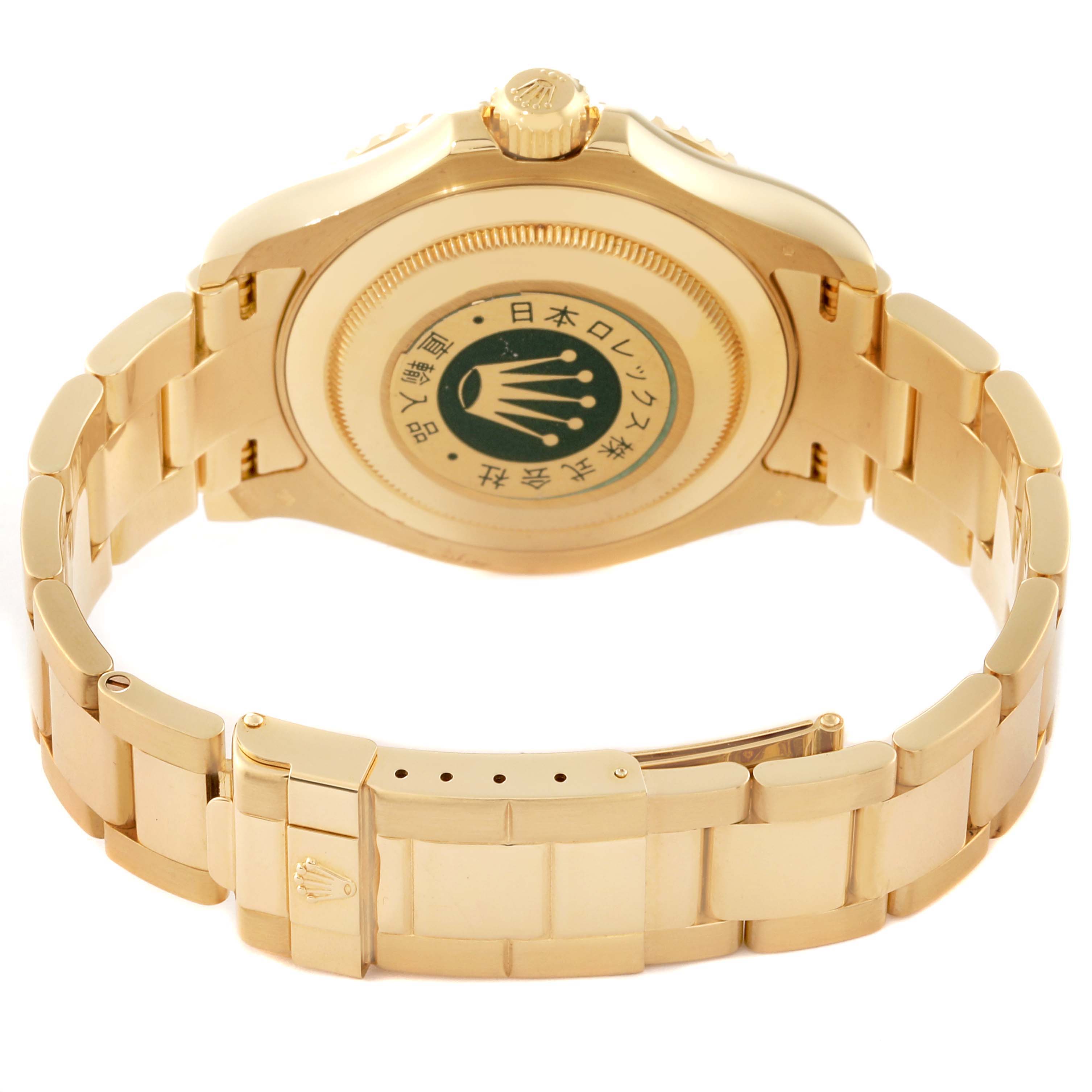 The image shows the back and bracelet of a Rolex Yacht-Master 16628 Men's Yellow Gold Blue Dial 16628 Men's Yellow Gold Blue Dial watch, highlighting the case back, crown, and clasp.