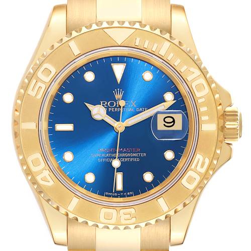 This image shows a front view of the Rolex Yacht-Master watch, displaying its blue dial, gold bezel, and bracelet.