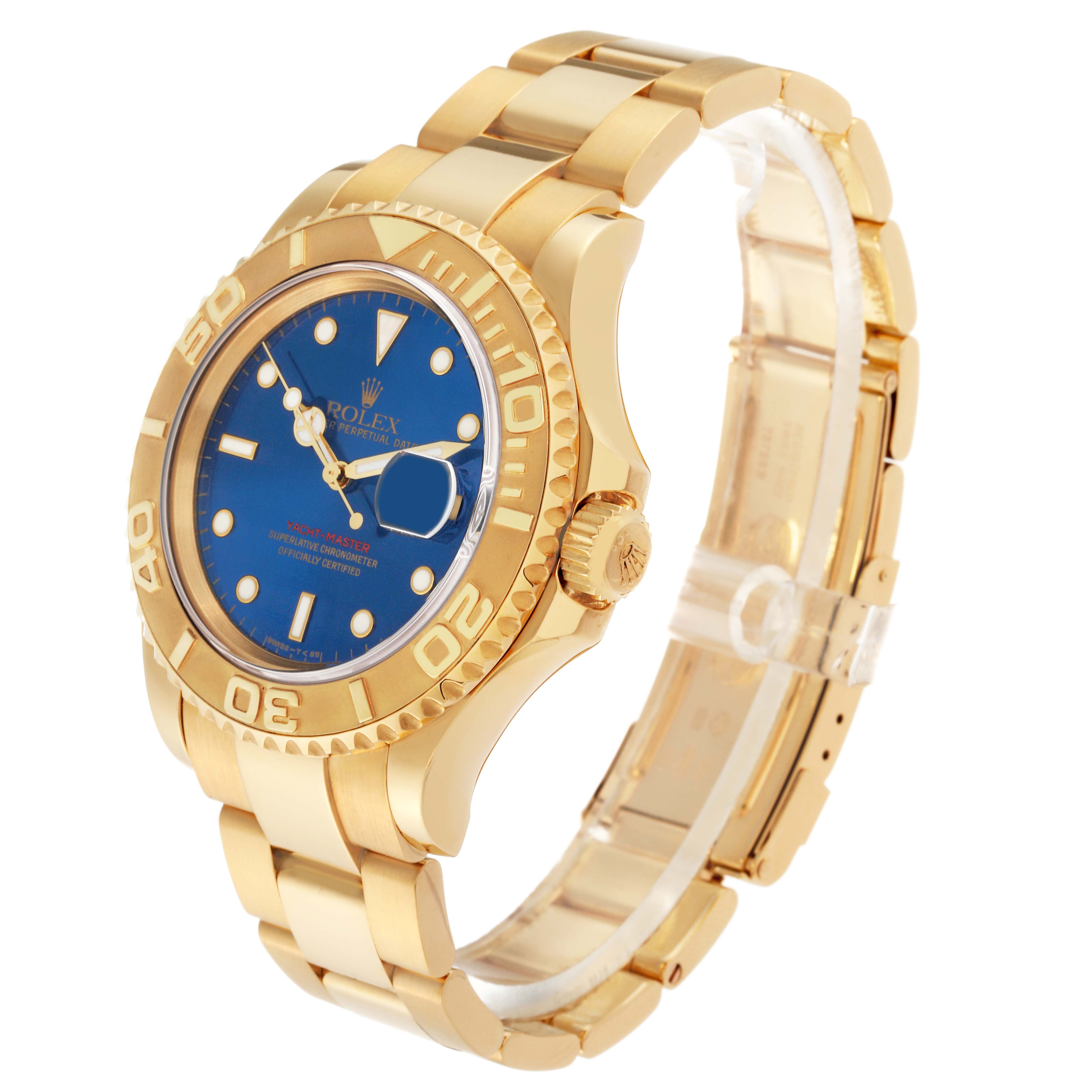The Rolex Yacht-Master 16628 Men's Yellow Gold Blue Dial 16628 Men's Yellow Gold Blue Dial watch is shown at a three-quarters angle, displaying the dial, bezel, crown, and part of the bracelet.