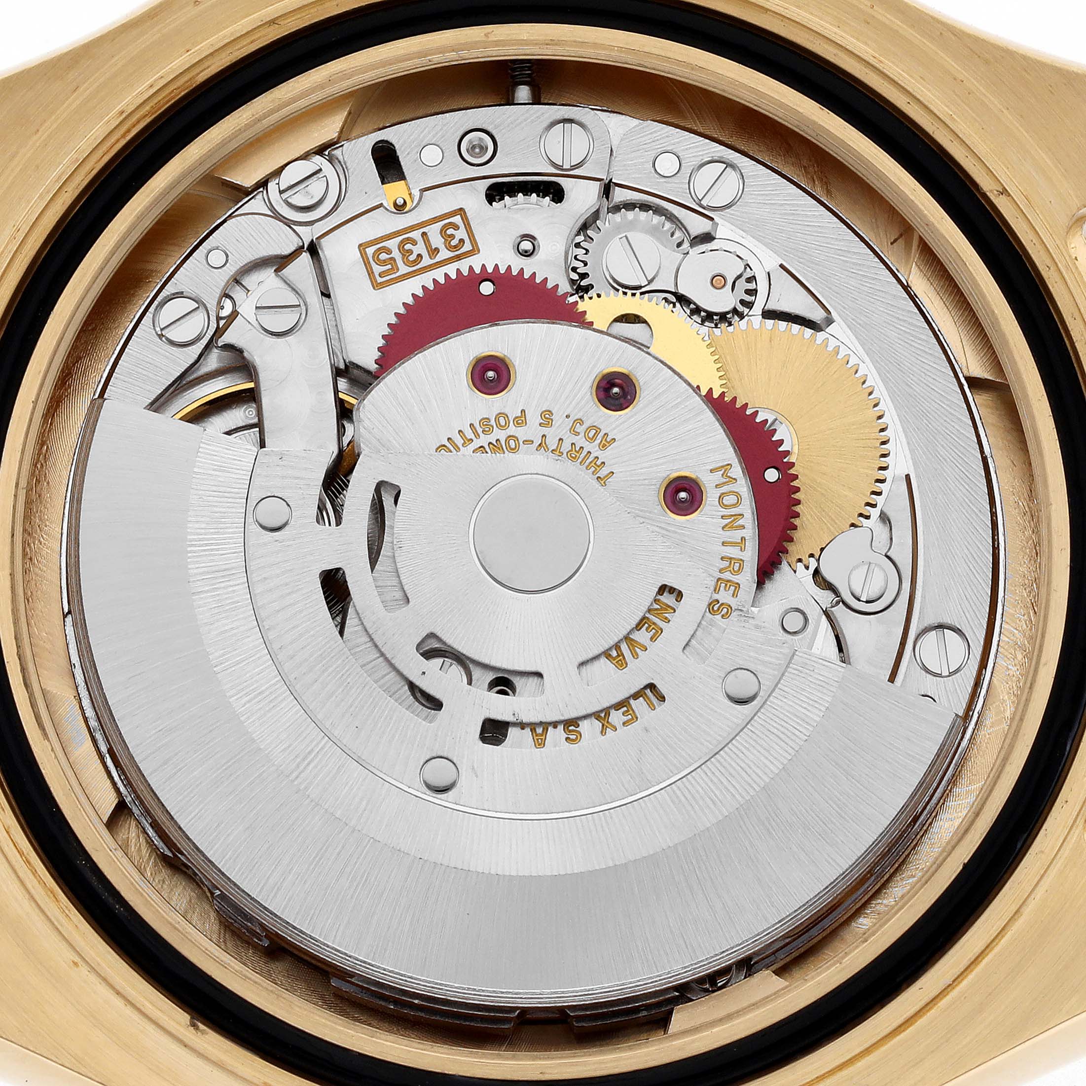 The image shows the internal mechanical movement of a Rolex Yacht-Master 16628 Men's Yellow Gold Blue Dial 16628 Men's Yellow Gold Blue Dial watch, viewed from the back case.
