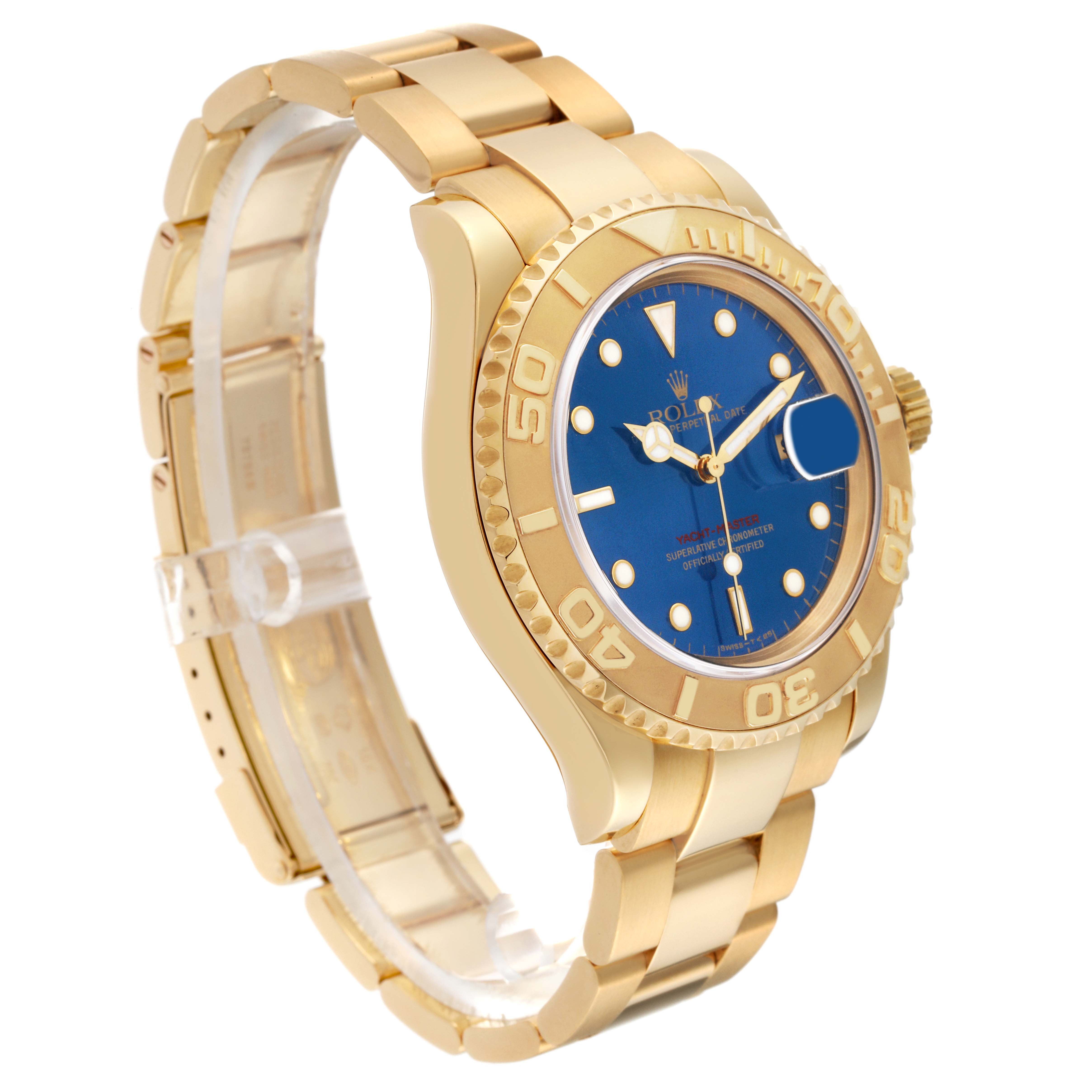 The image shows a Rolex Yacht-Master 16628 Men's Yellow Gold Blue Dial 16628 Men's Yellow Gold Blue Dial watch at a slight angle, highlighting its gold bracelet, blue dial, and bezel with minute markers.