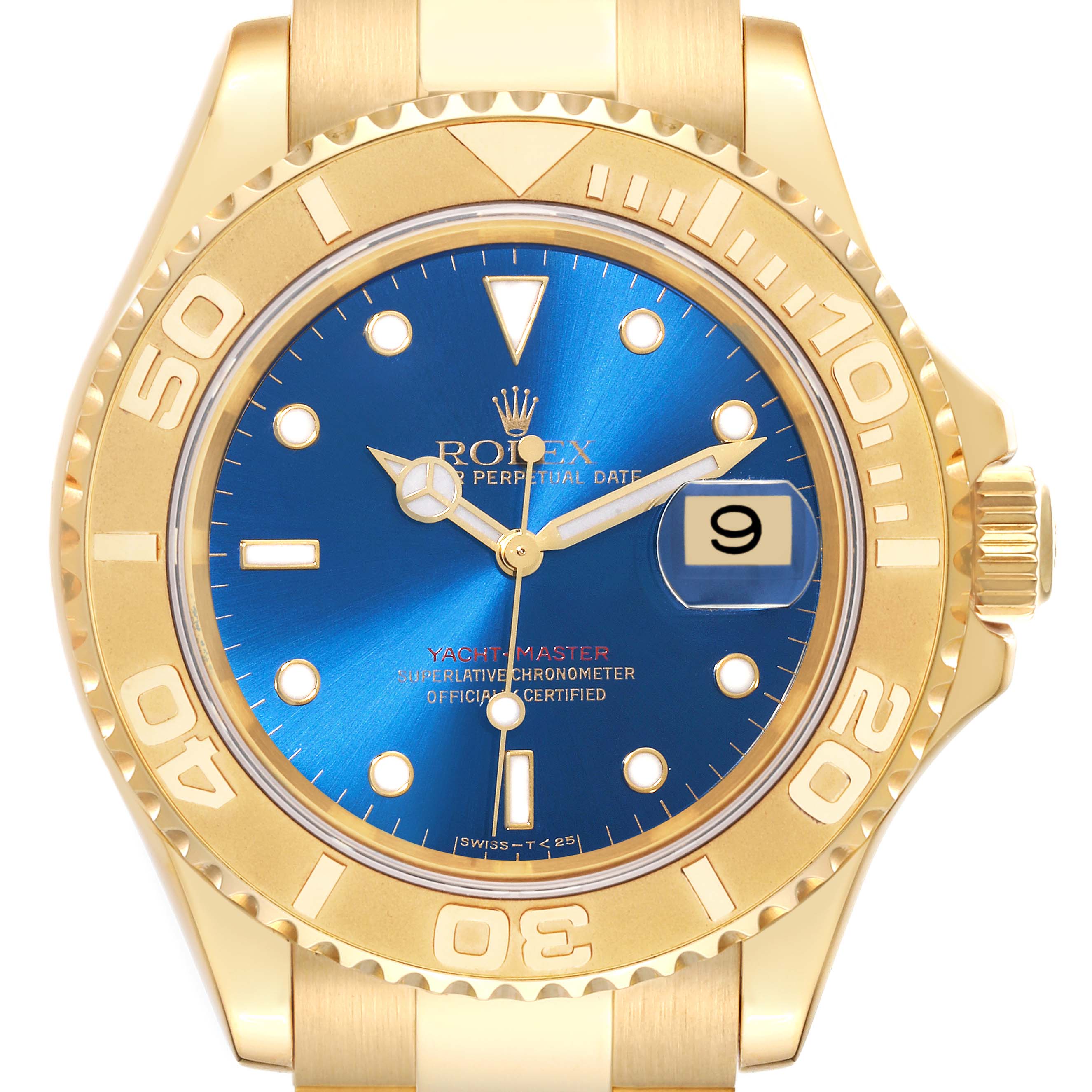 The image shows a frontal view of a Rolex Yacht-Master 16628 Men's Yellow Gold Blue Dial 16628 Men's Yellow Gold Blue Dial watch, highlighting its blue dial, gold bezel, date window, and gold bracelet.