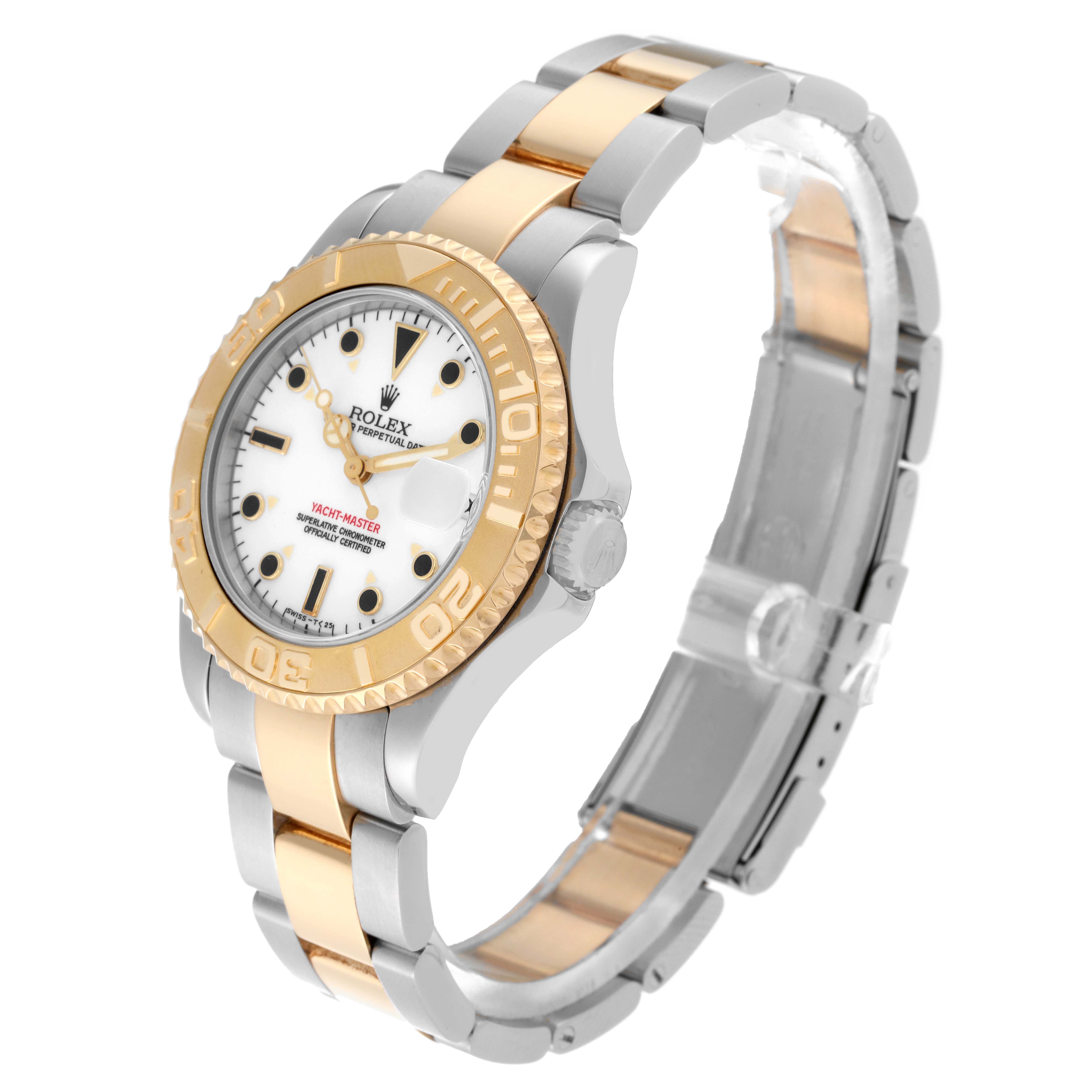 The image shows a side angle of the Rolex Yacht-Master 68623 Men's Steel and Gold (two tone) White Dial 68623 Men's Steel and Gold (two tone) White Dial, featuring its gold and silver bracelet and white dial.
