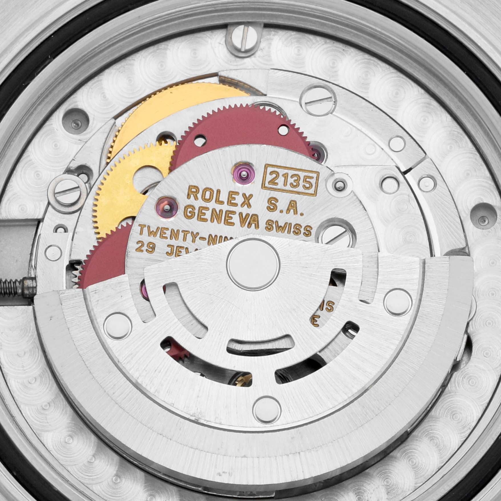 The image shows the internal mechanism of a Rolex Yacht-Master 68623 Men's Steel and Gold (two tone) White Dial 68623 Men's Steel and Gold (two tone) White Dial watch, displaying the movement and components from a close-up angle.