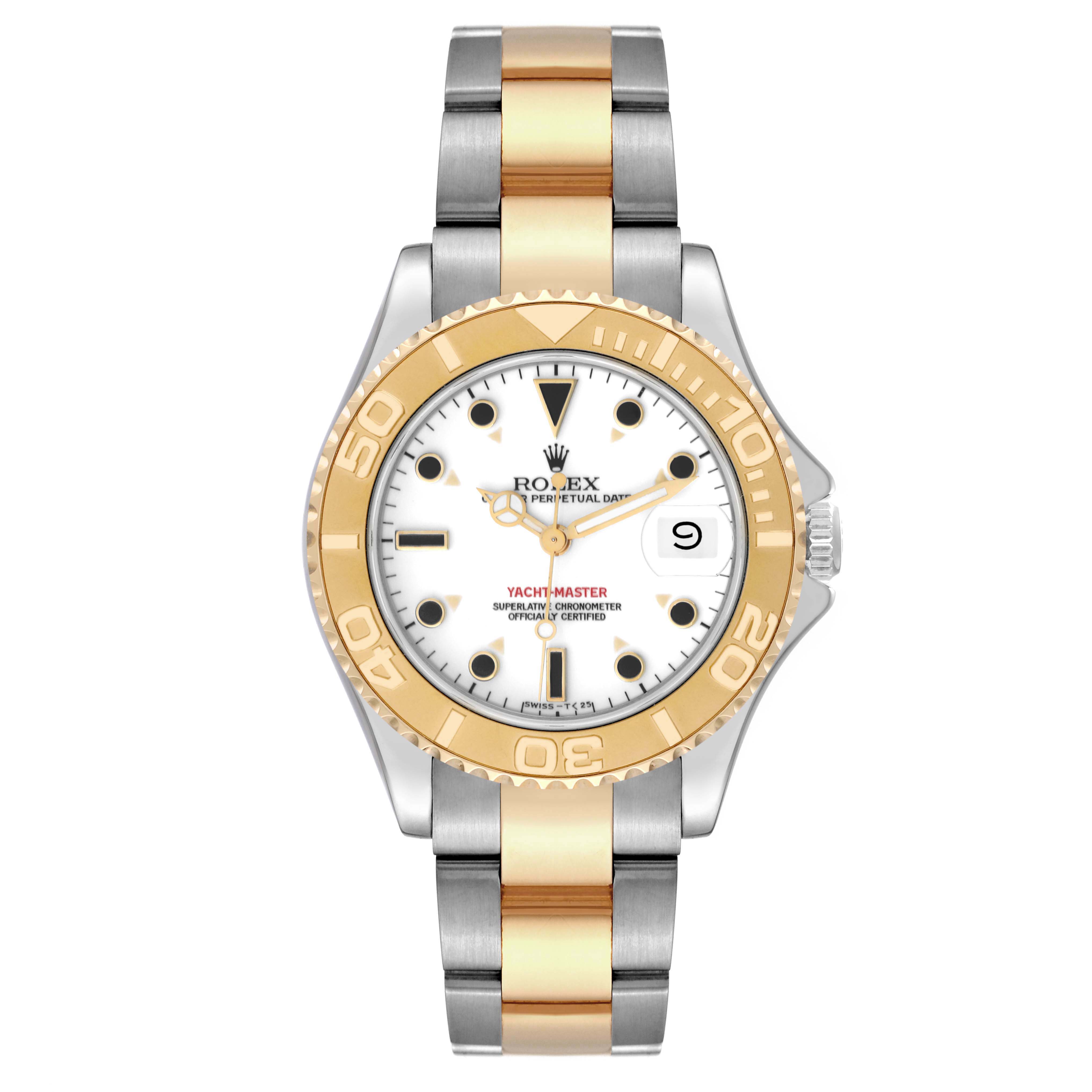The image shows a Rolex Yacht-Master 68623 Men's Steel and Gold (two tone) White Dial 68623 Men's Steel and Gold (two tone) White Dial watch from a top-down angle, highlighting the bezel, dial, and two-tone bracelet.