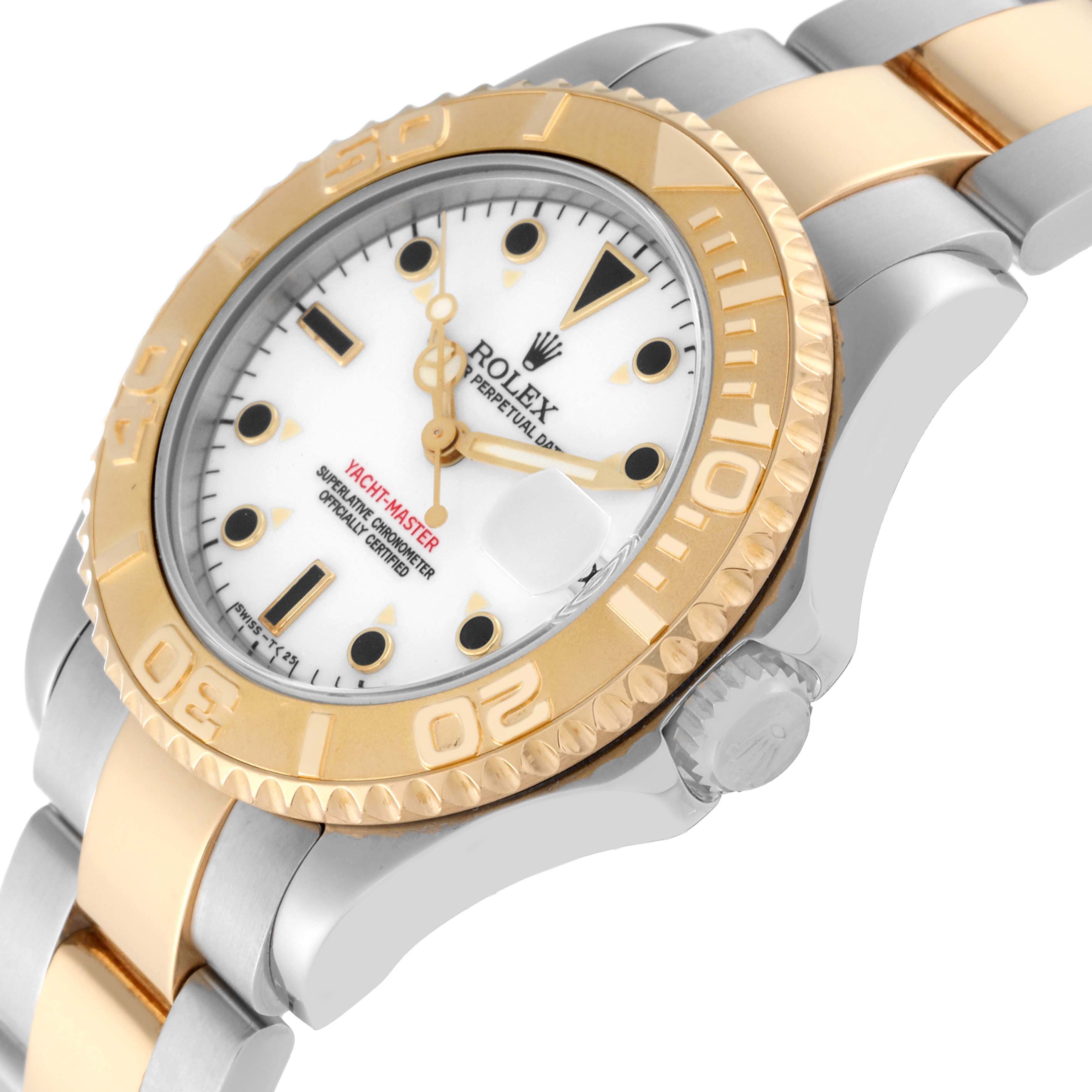 This image shows a close-up angle of the face and bezel of a Rolex Yacht-Master 68623 Men's Steel and Gold (two tone) White Dial 68623 Men's Steel and Gold (two tone) White Dial watch, including part of the bracelet.