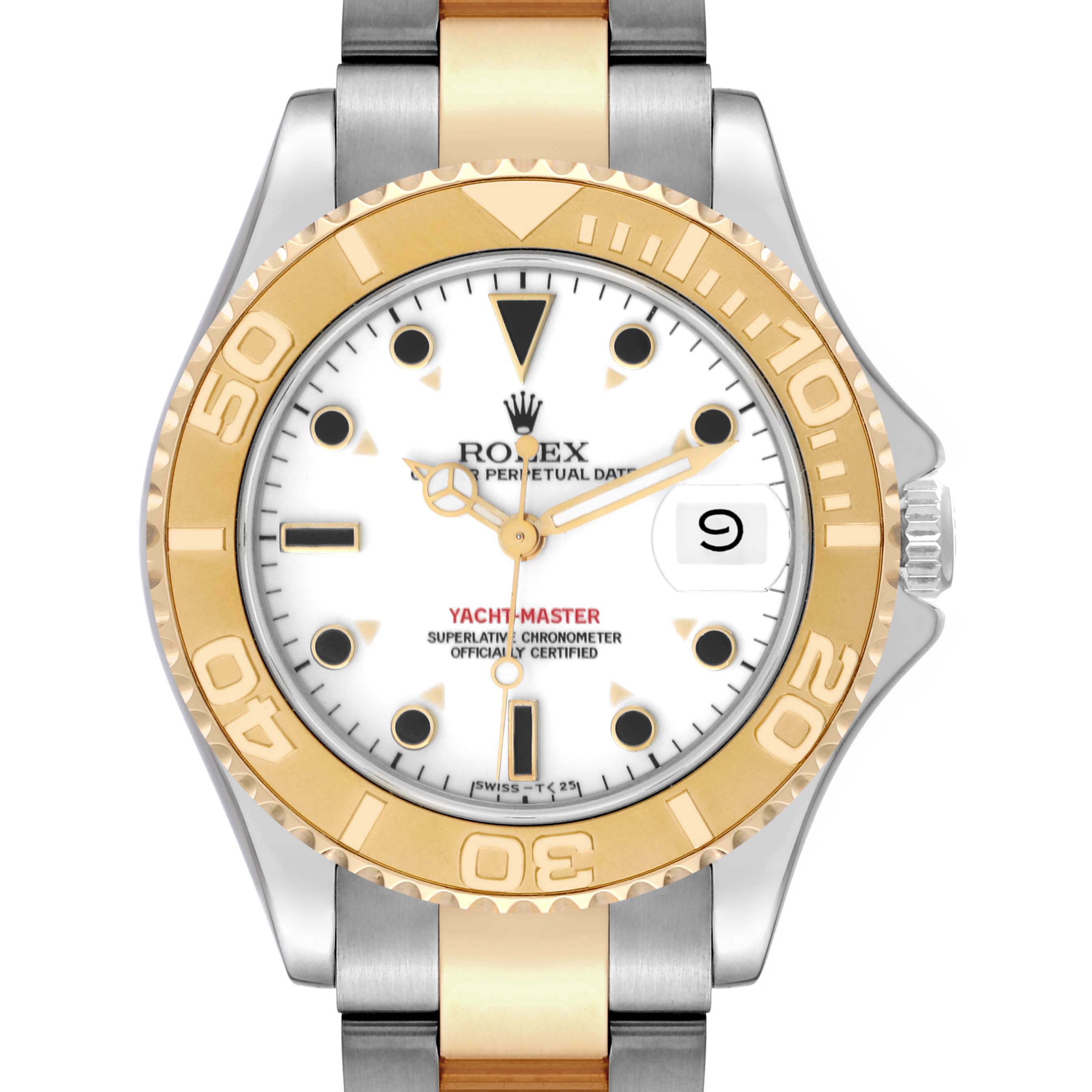 The image shows a front view of a Rolex Yacht-Master 68623 Men's Steel and Gold (two tone) White Dial 68623 Men's Steel and Gold (two tone) White Dial watch, highlighting its dial, bezel, and part of the bracelet.