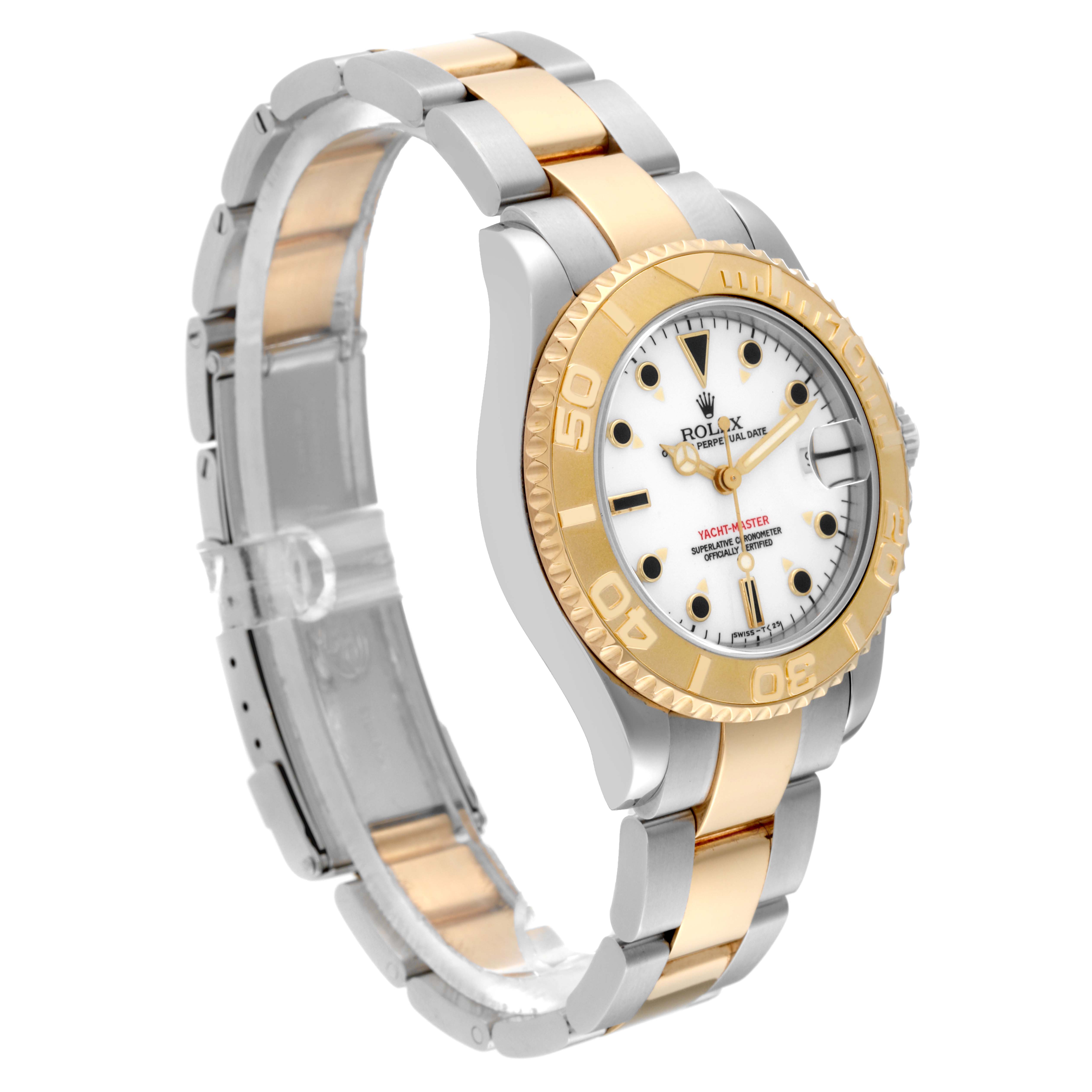 This Rolex Yacht-Master 68623 Men's Steel and Gold (two tone) White Dial 68623 Men's Steel and Gold (two tone) White Dial watch is shown from a front-left angle, highlighting its two-tone bracelet, bezel, and dial.