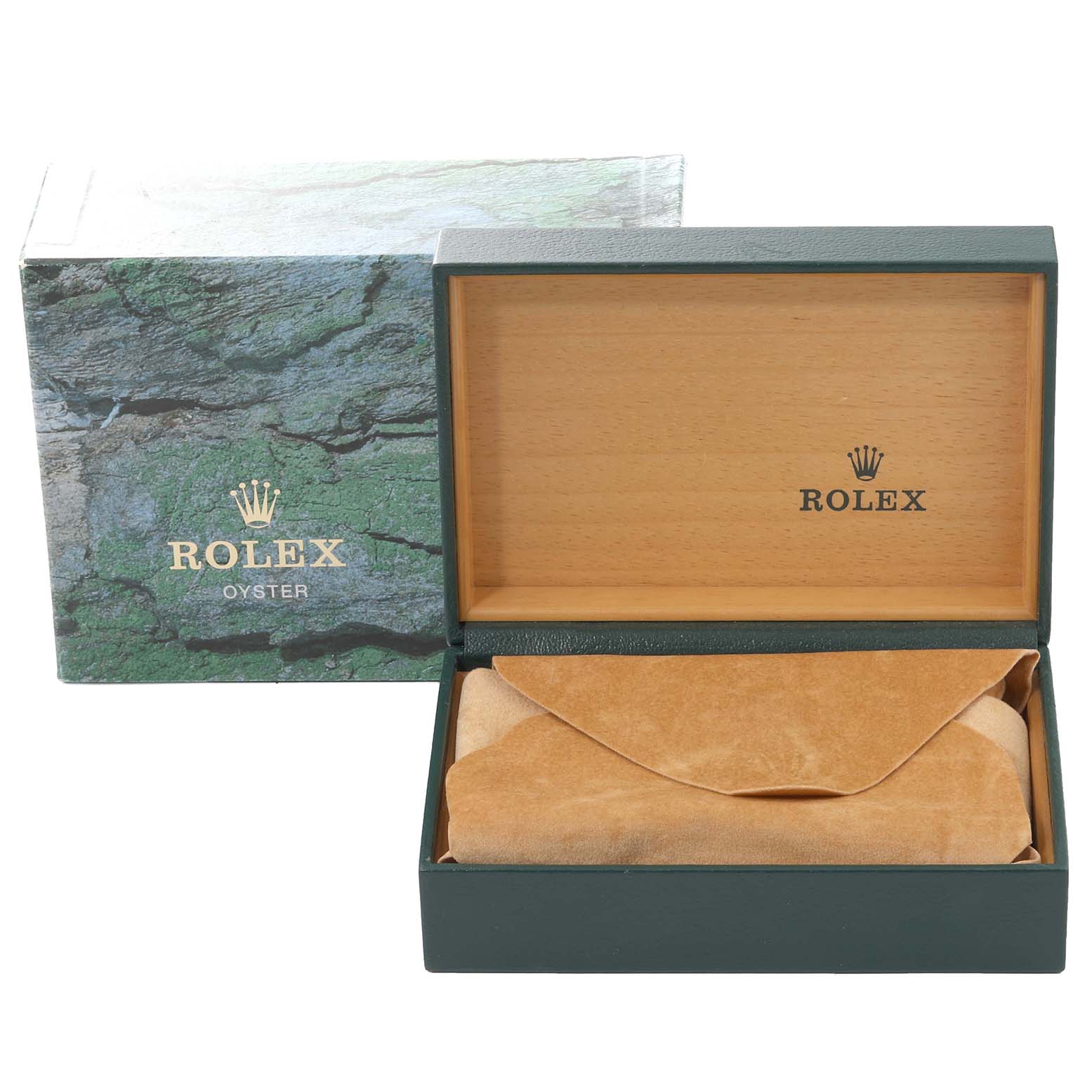The image shows a Rolex Yacht-Master 68623 Men's Steel and Gold (two tone) White Dial 68623 Men's Steel and Gold (two tone) White Dial watch box and packaging, including an open green box and a suede pouch inside.