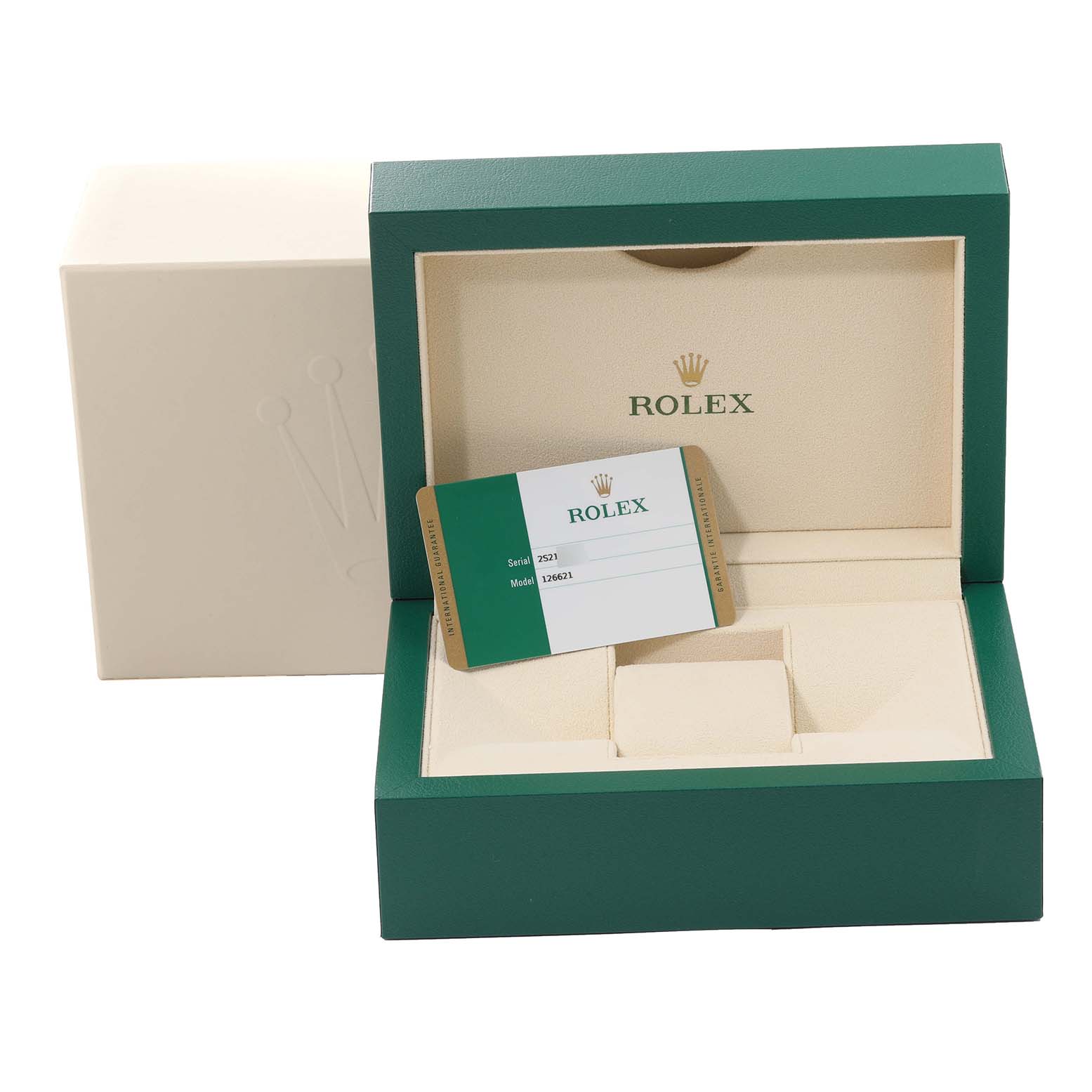 The image shows an angled view of a Rolex Yacht-Master 126621 Men's Steel and Gold (two tone) Brown Dial 126621 Men's Steel and Gold (two tone) Brown Dial watch box and accompanying warranty card.