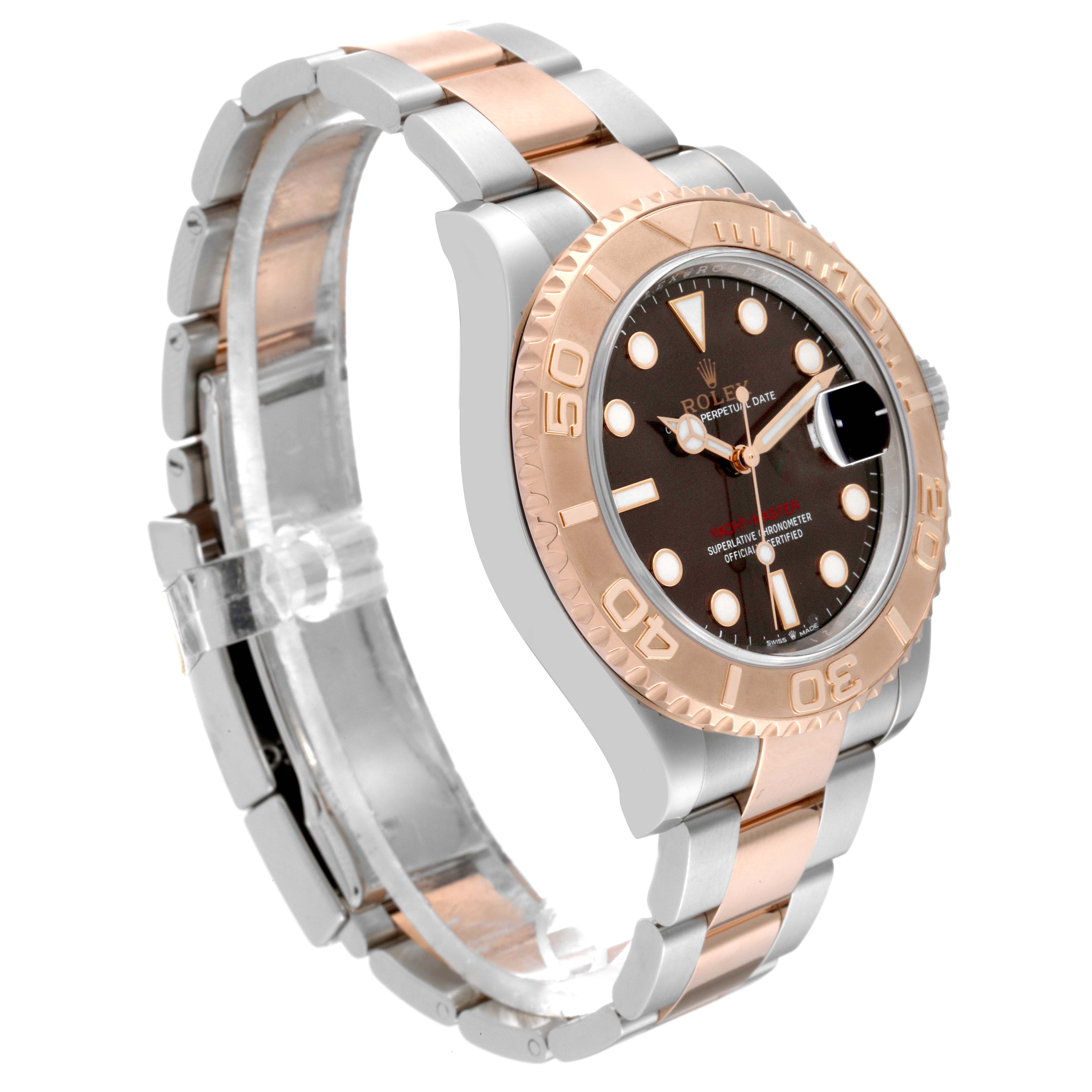 The image shows a side angle of the Rolex Yacht-Master 126621 Men's Steel and Gold (two tone) Brown Dial 126621 Men's Steel and Gold (two tone) Brown Dial watch highlighting its rose gold bezel, black dial, and two-tone bracelet.