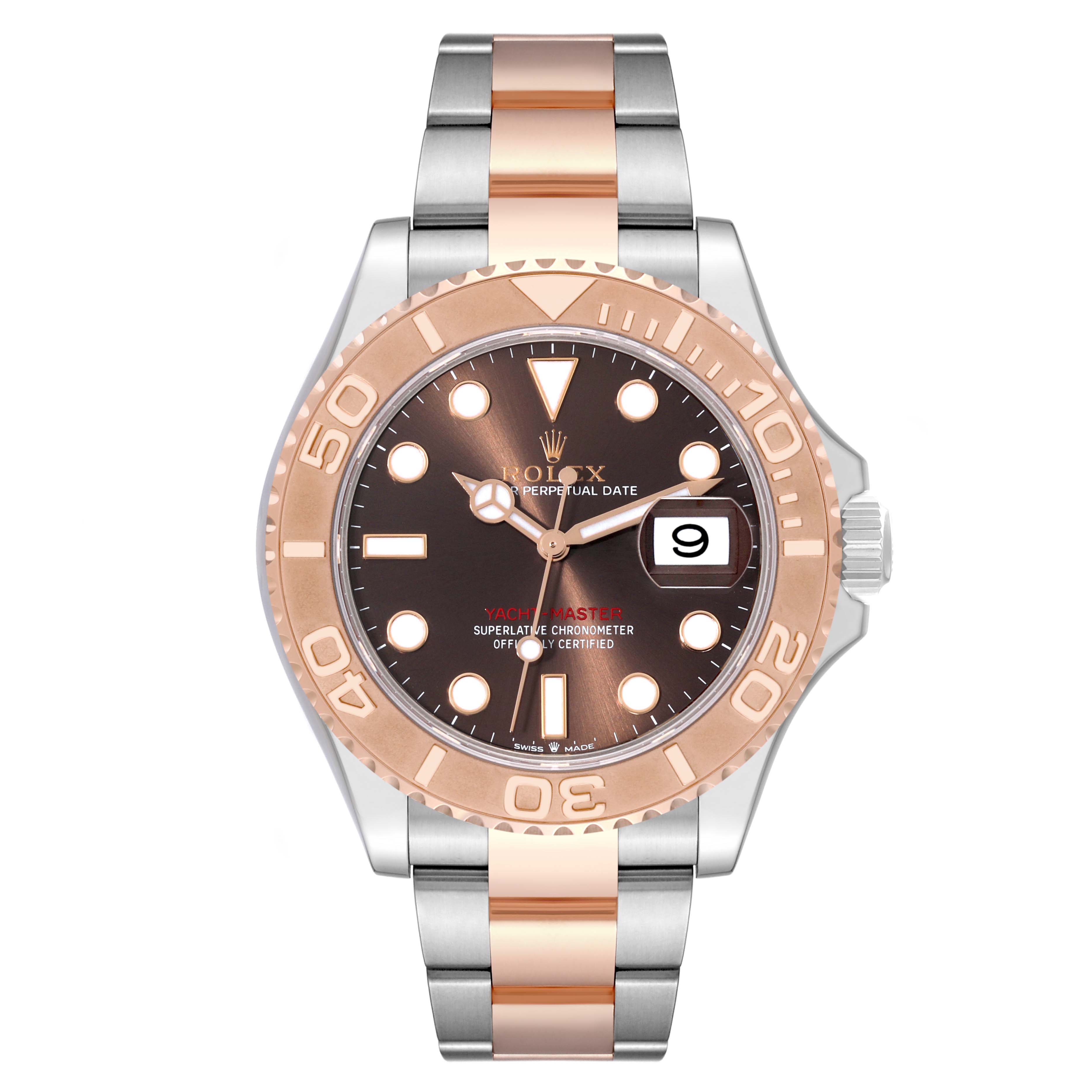 The image shows a front view of the Rolex Yacht-Master 126621 Men's Steel and Gold (two tone) Brown Dial 126621 Men's Steel and Gold (two tone) Brown Dial watch, displaying the dial, bezel, hands, and bracelet.