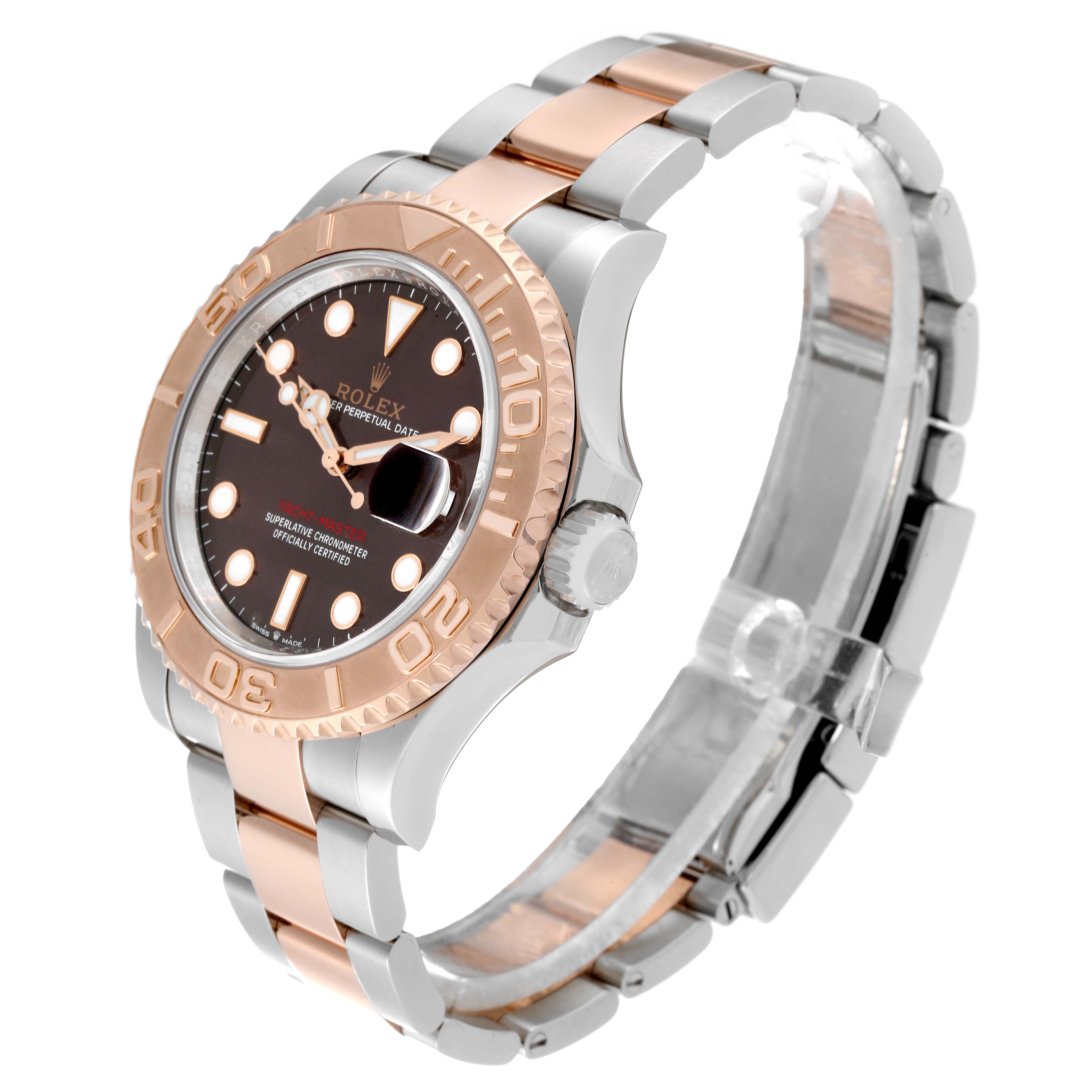 The Rolex Yacht-Master 126621 Men's Steel and Gold (two tone) Brown Dial 126621 Men's Steel and Gold (two tone) Brown Dial watch is shown from an elevated angle showcasing its face, bezel, crown, and two-tone bracelet.